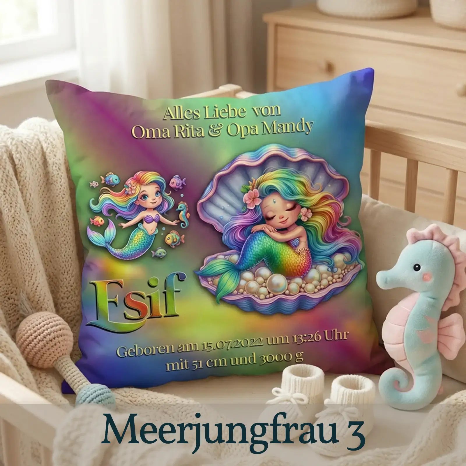 Kissen zur Taufe. Geschenk mit Meerjungfrau-Motiv, personalisiert mit Name des Babys, Spruch und Geburtsdaten.