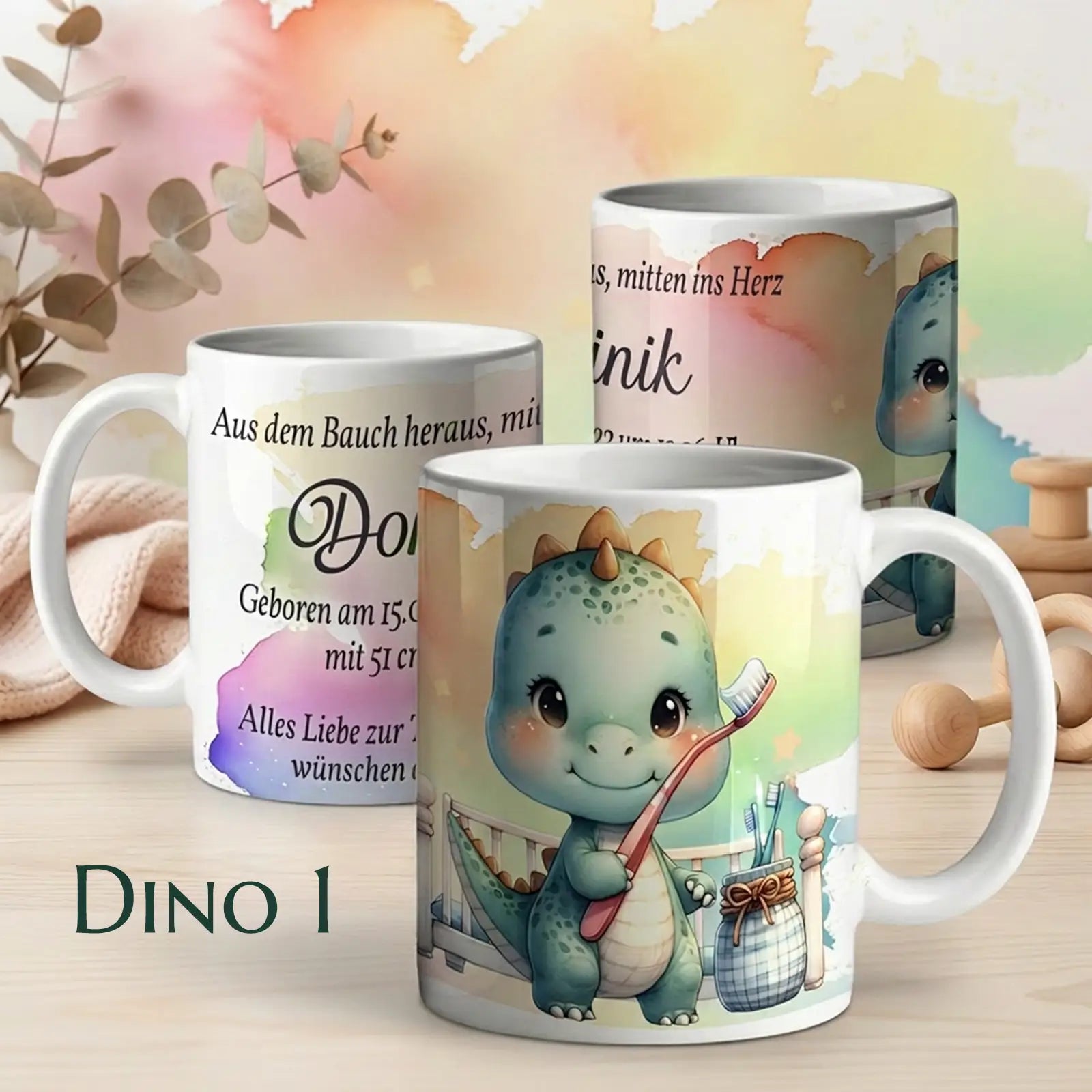 Einzigartige personalisierte Tasse als Geschenk zur Taufe oder Geburt – besonderes Taufgeschenk mit Namen und Datum, gestaltet mit Dino-Motiv