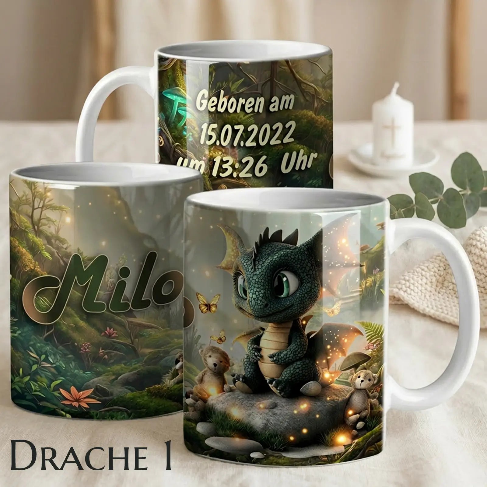 Zauberhafte personalisierte Tasse als Geschenk zur Taufe oder Geburt – liebevolles Taufgeschenk mit Namen und Datum im Drachen-Design
