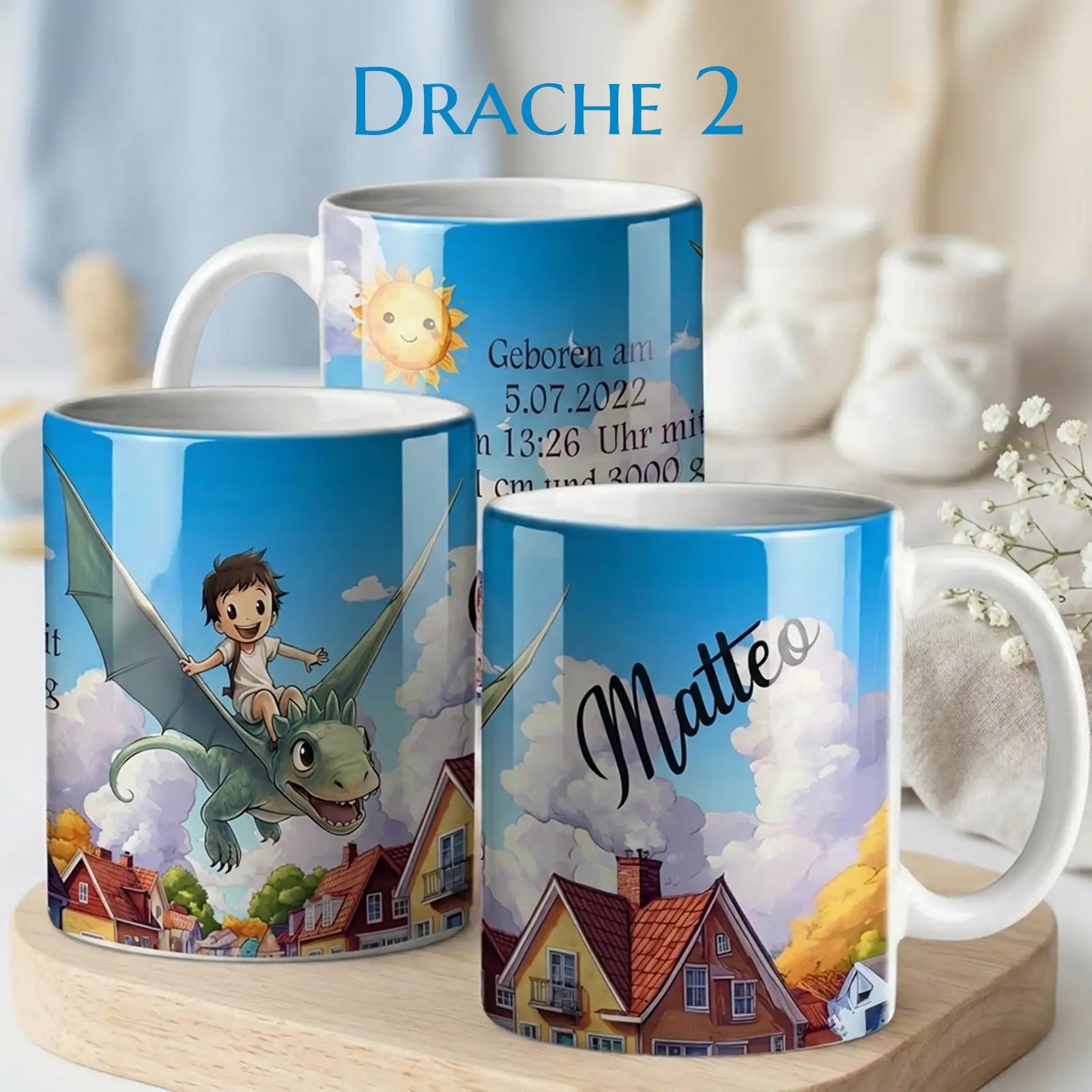 Kreative personalisierte Tasse als Geschenk zur Taufe oder Geburt – besonderes Taufgeschenk mit Namen und Datum, gestaltet mit Drachen-Motiv