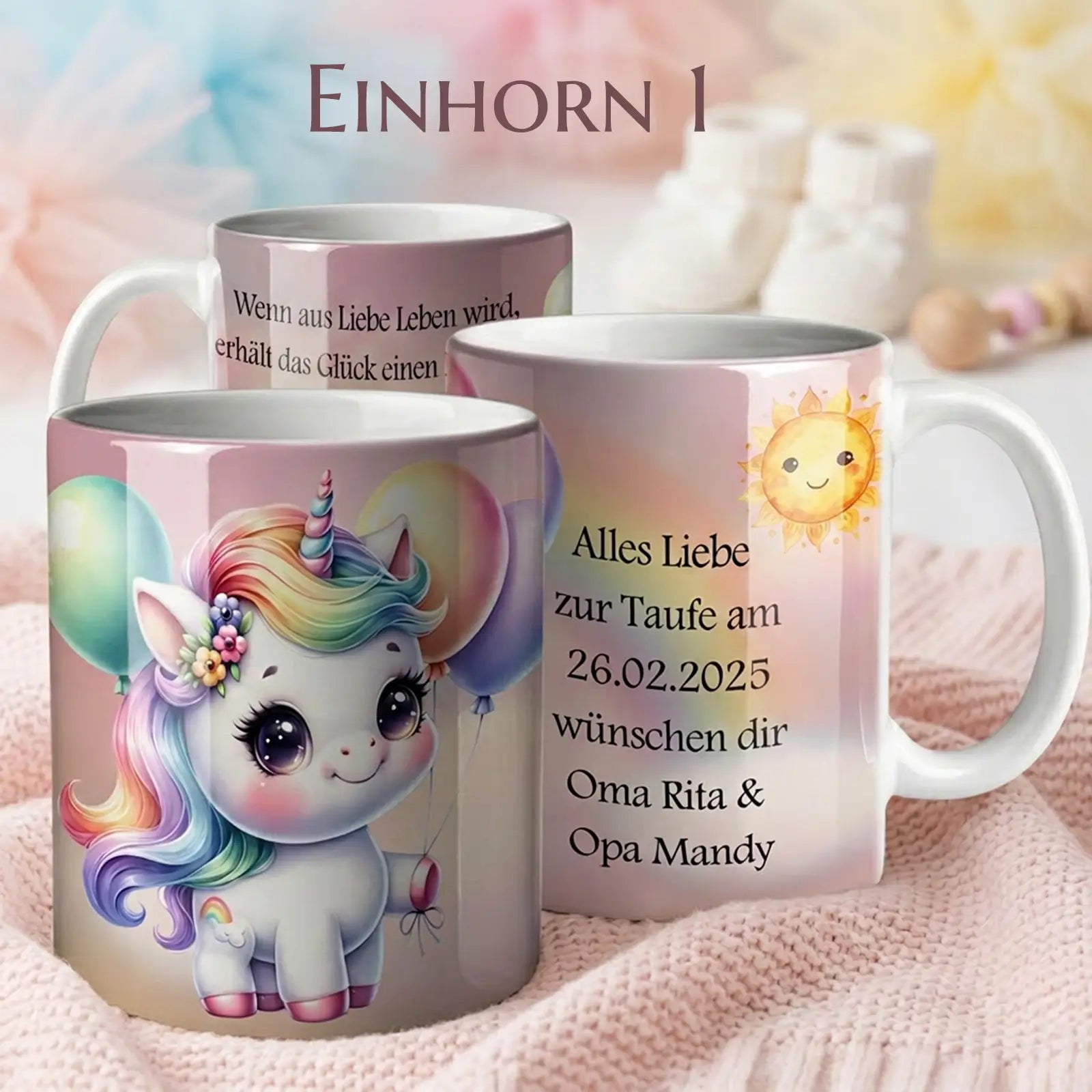 Verspielte personalisierte Tasse als Geschenk zur Taufe oder Geburt – liebevolles Taufgeschenk mit Namen und Datum im Einhorn-Design