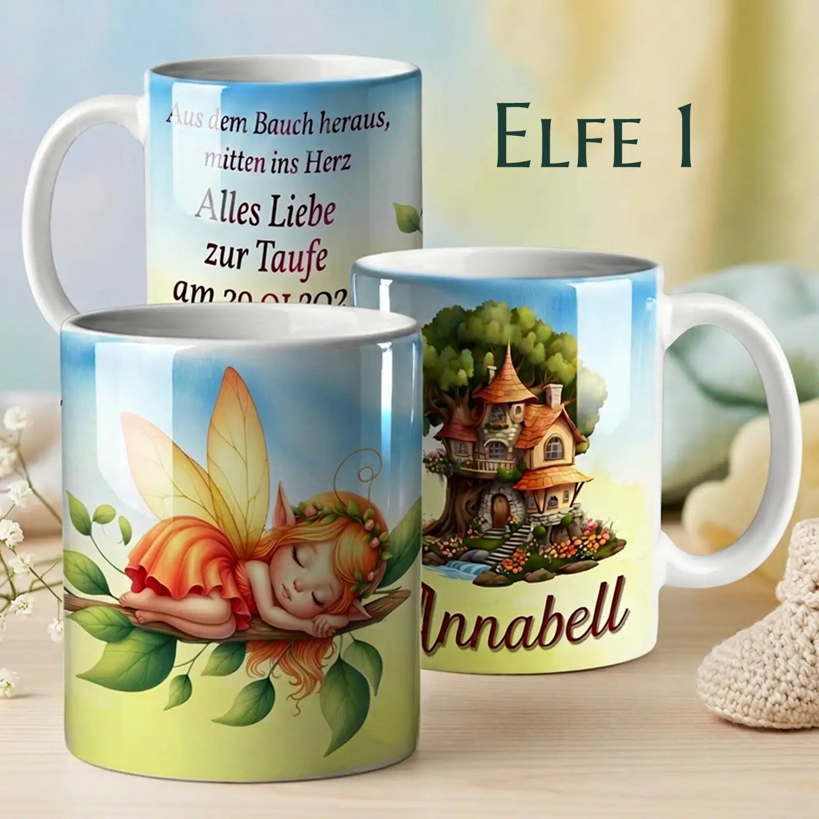 Zarte personalisierte Tasse als Geschenk zur Taufe oder Geburt – liebevolles Taufgeschenk mit Namen und Datum im Elfen-Design