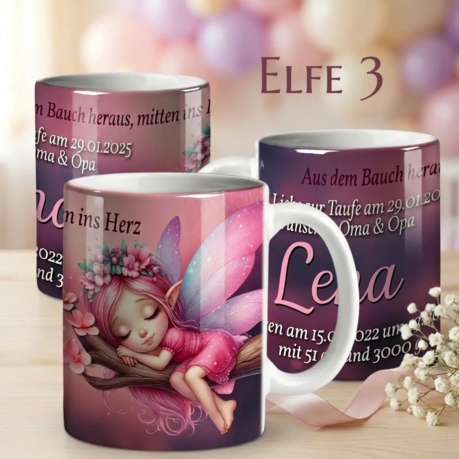 Elegante personalisierte Tasse als Geschenk zur Taufe oder Geburt – individuelles Taufgeschenk mit Namen und Datum im Elfen-Stil