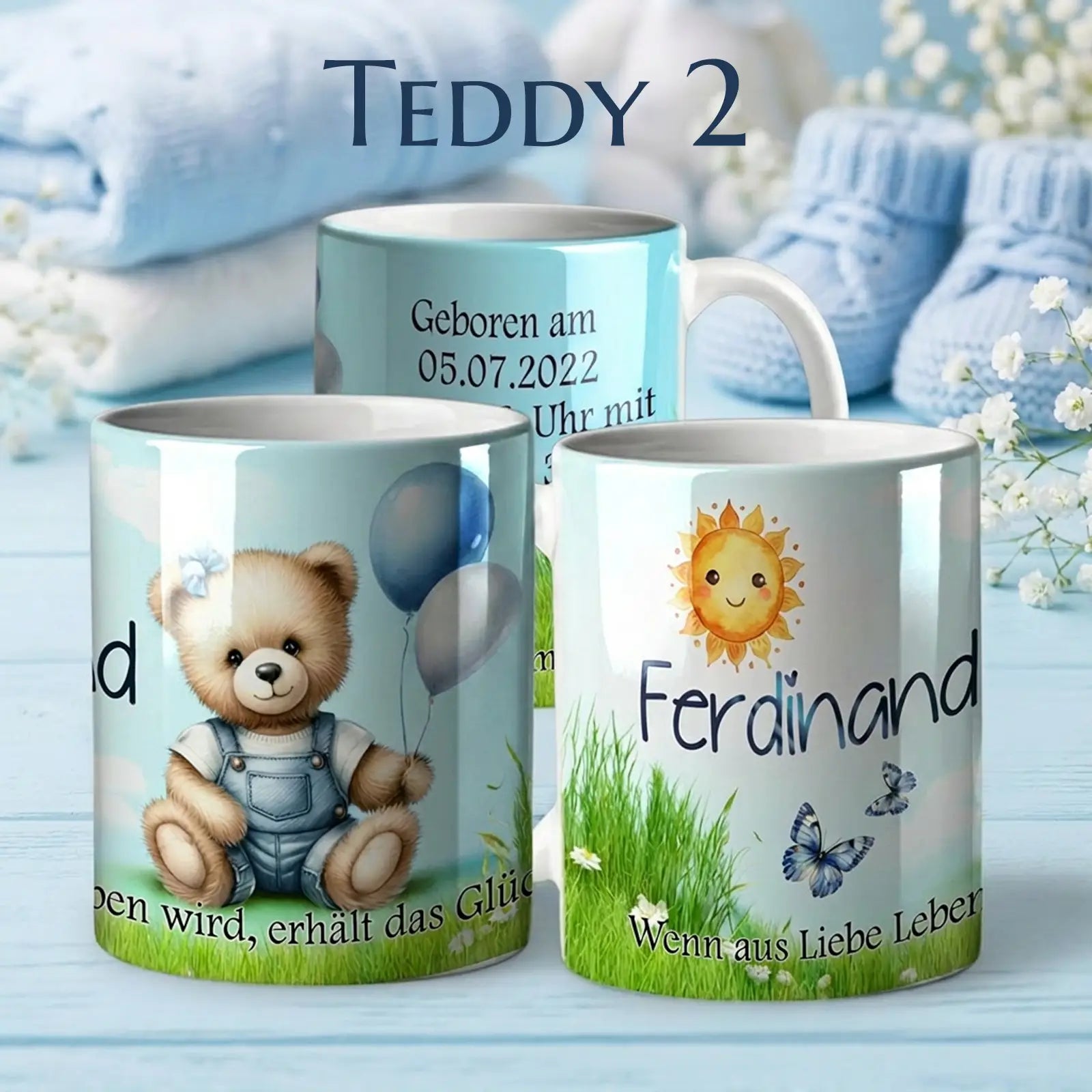 Sanfte personalisierte Tasse als Geschenk zur Taufe oder Geburt – besonderes Taufgeschenk mit Namen und Datum mit Teddy-Motiv