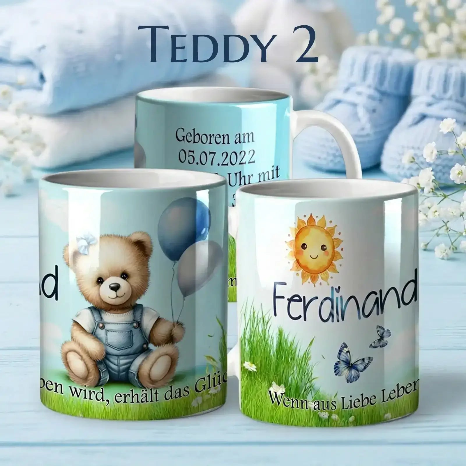 Sanfte personalisierte Tasse als Geschenk zur Taufe oder Geburt – besonderes Taufgeschenk mit Namen und Datum mit Teddy-Motiv