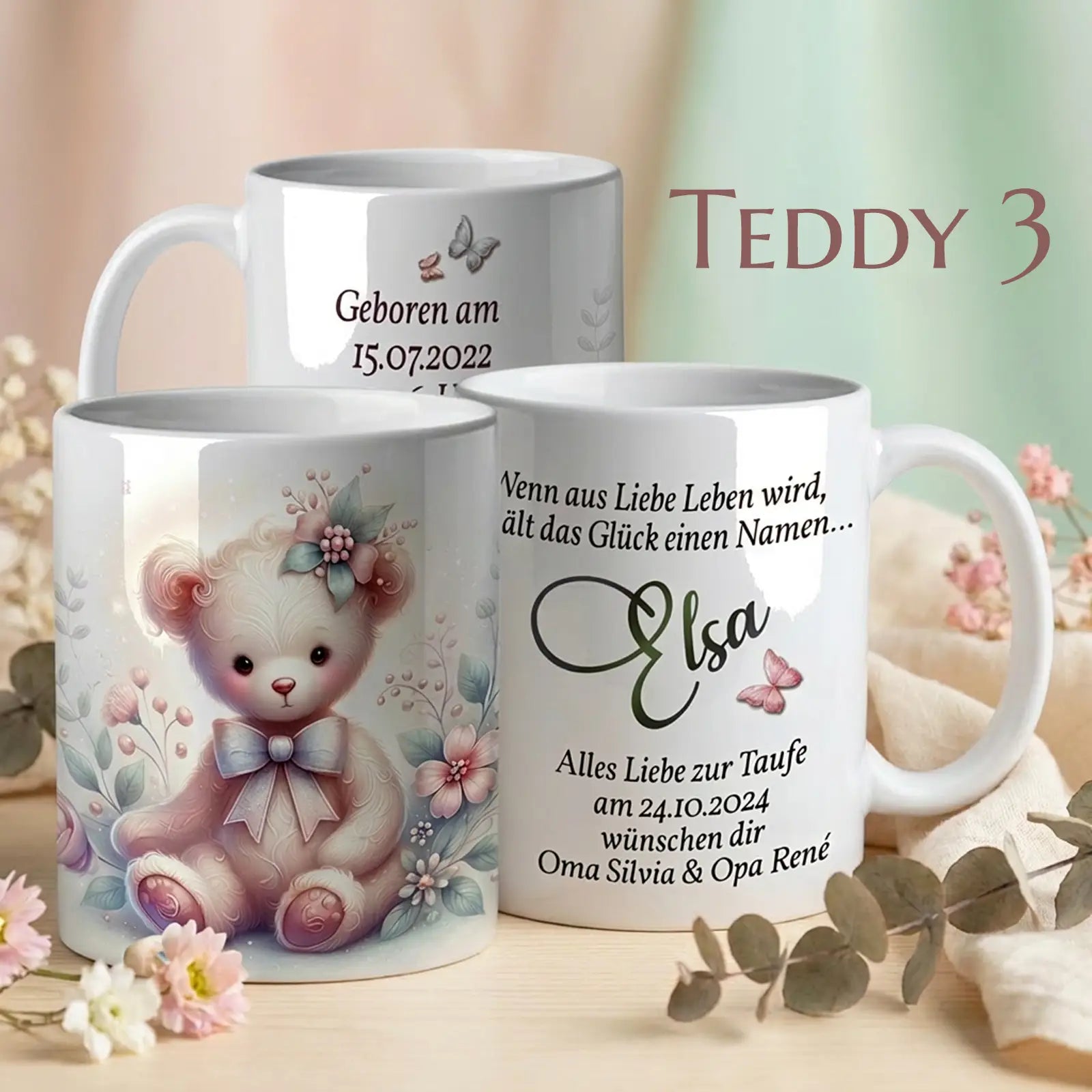Bezaubernde personalisierte Tasse als Geschenk zur Taufe oder Geburt – individuelles Taufgeschenk mit Namen und Datum im Teddy-Stil