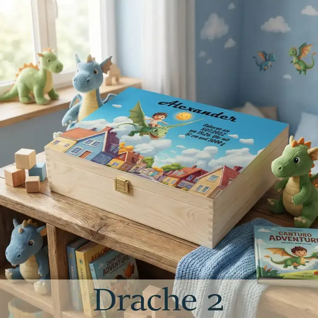 Diese Holzbox ist ein personalisiertes Geschenk zur Tauffeier und wird mit einem kindgerechten Motiv sowie den Daten des Kindes gestaltet.