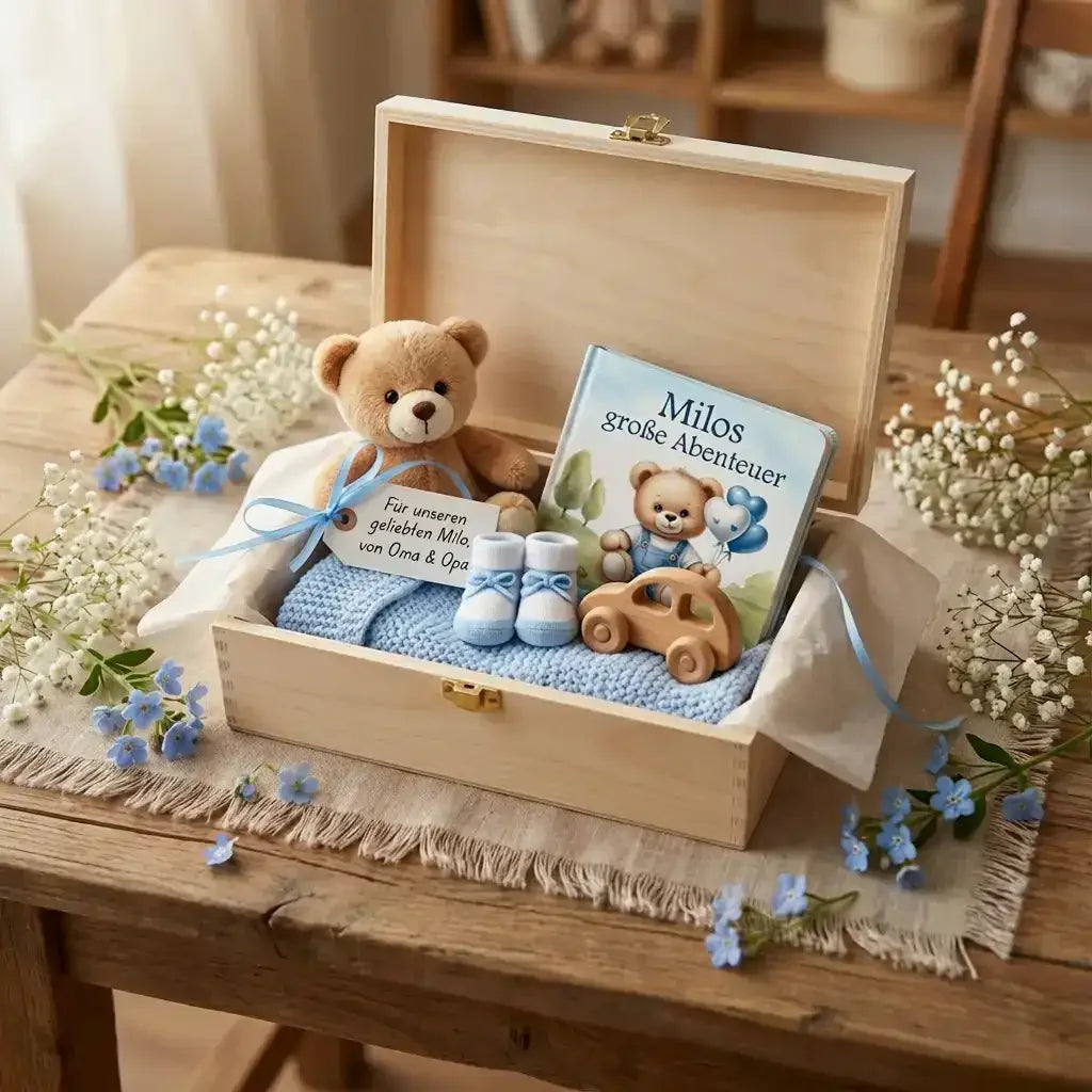 Geschenk - entzückende Holzbox für Babys erste Abenteuer mit Teddy und Erinnerungsstücken