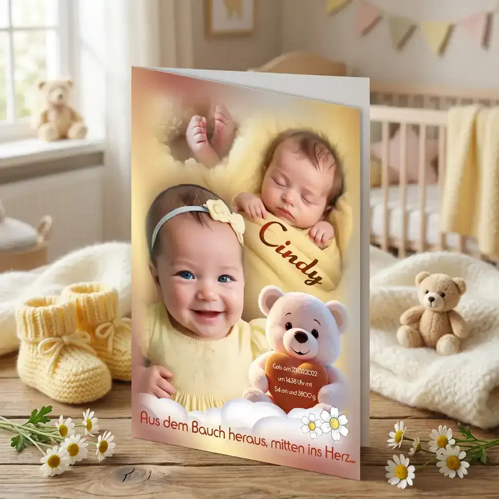 Geschenk zur Taufe – personalisierte Grußkarte als Taufgeschenk mit Name Cindy und Datum, Teddybär mit Geburtsdaten. Innendruck möglich