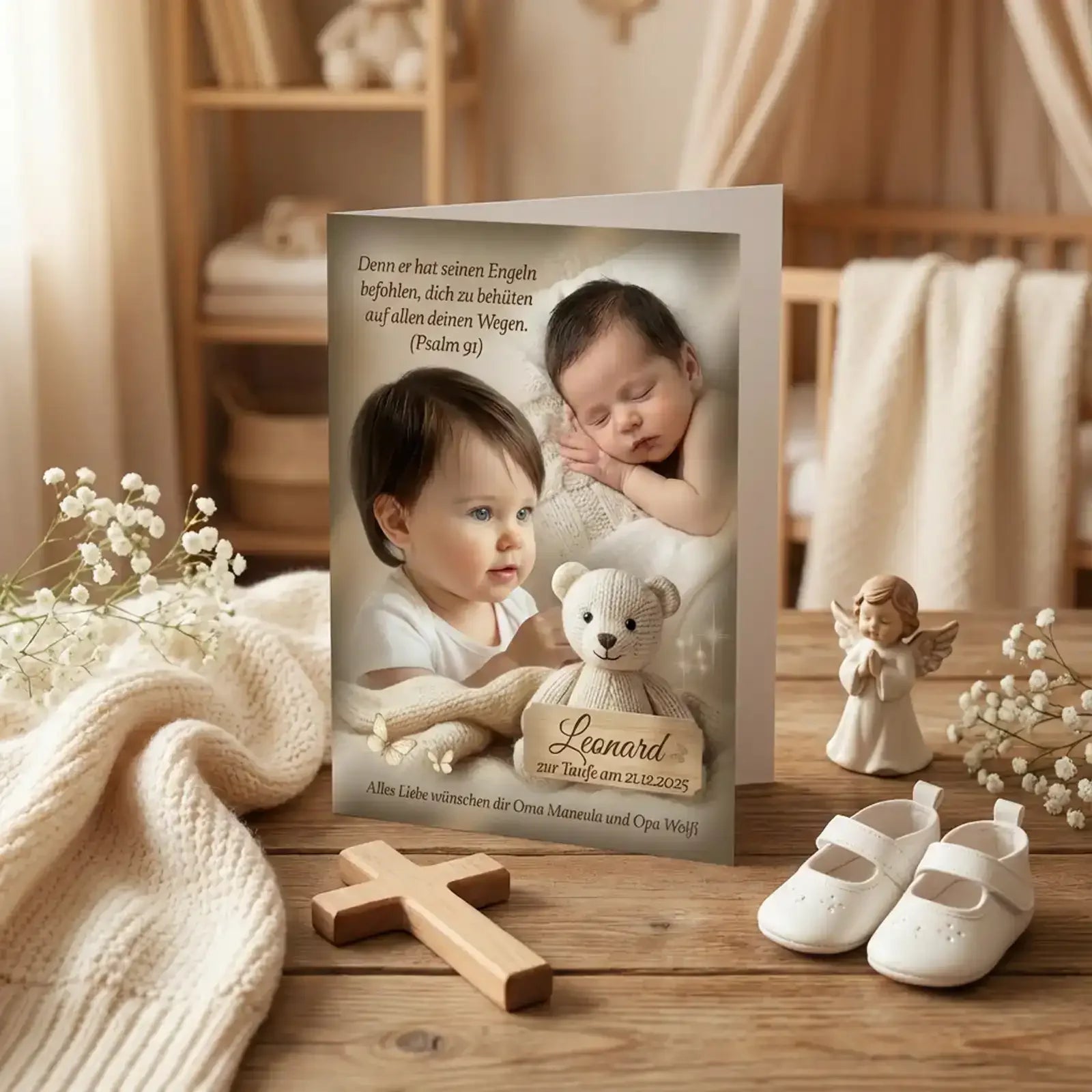 Geschenk zur Taufe – personalisierte Grußkarte als Taufgeschenk mit Name Leonard und Datum, Innendruck möglich warmes beiges Design mit Geburtsdaten und Umschlag.