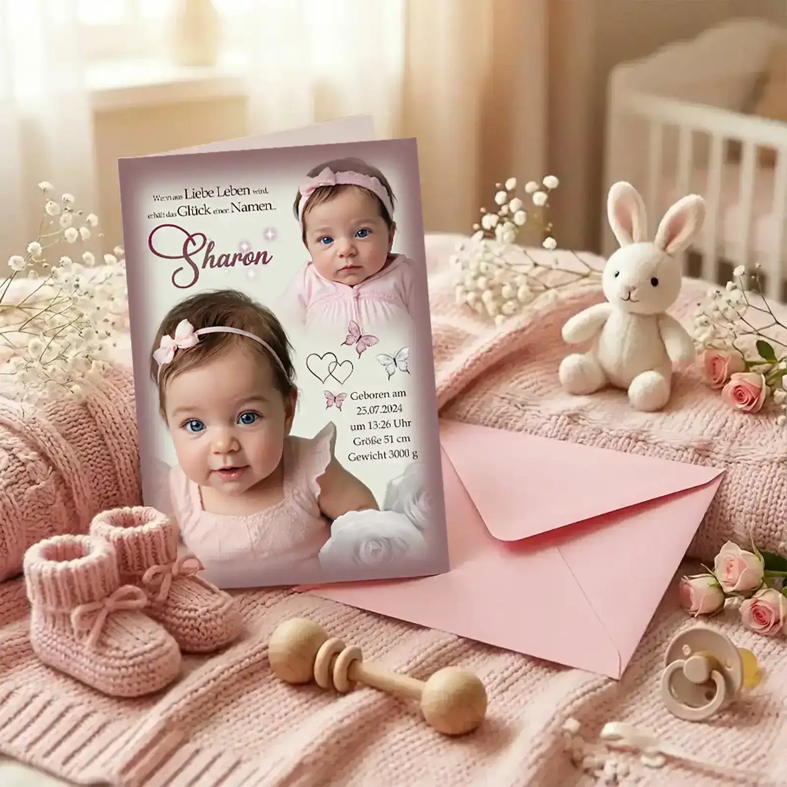 Geschenk zur Taufe – personalisierte Grußkarte als Taufgeschenk mit Name Sharon und Datum auf romantischem Design, Innendruck möglich.