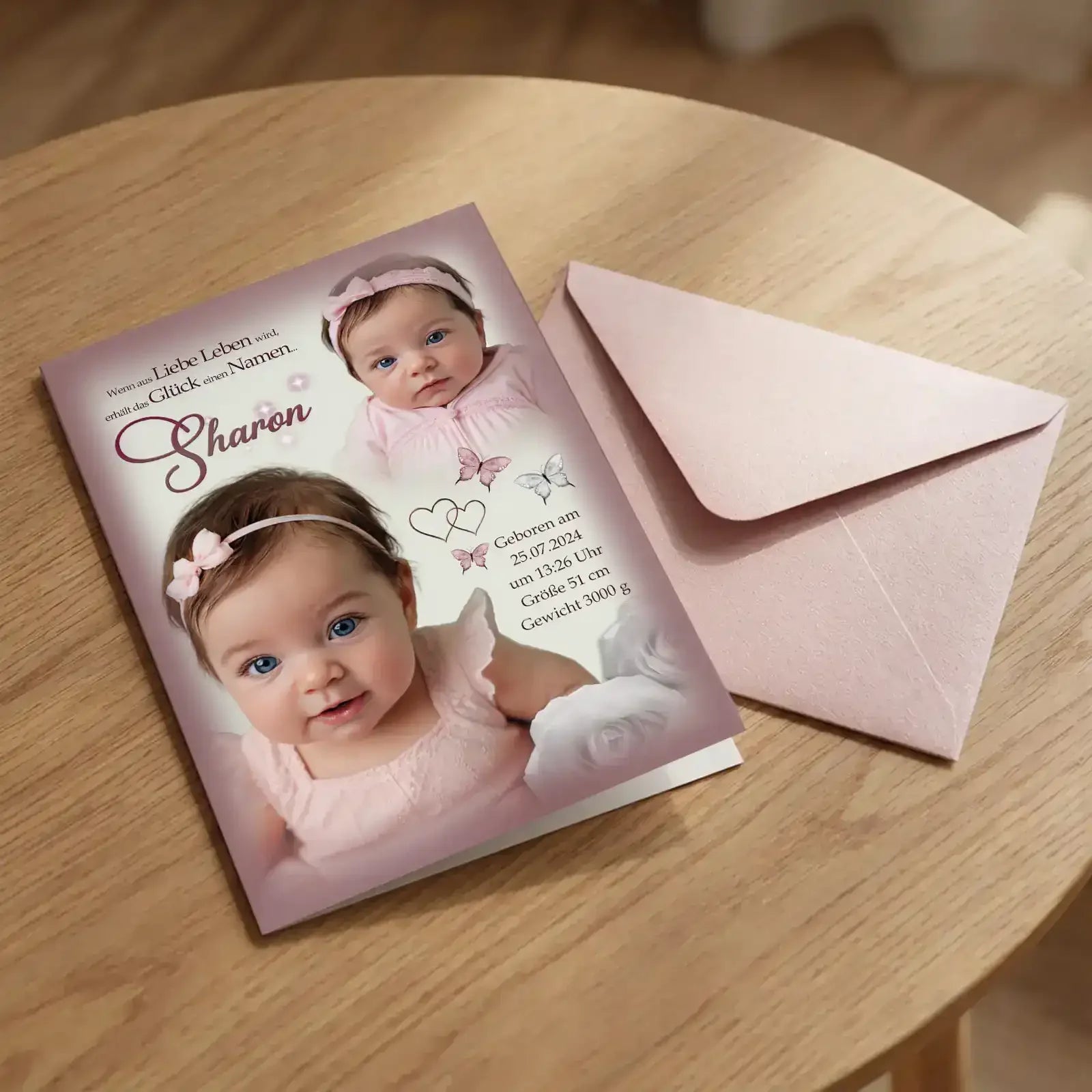 Geschenk zur Taufe – personalisierte Grußkarte als Taufgeschenk mit Name Sharon und Datum, Innendruck möglich – rosa Design mit Schmetterlingen.
