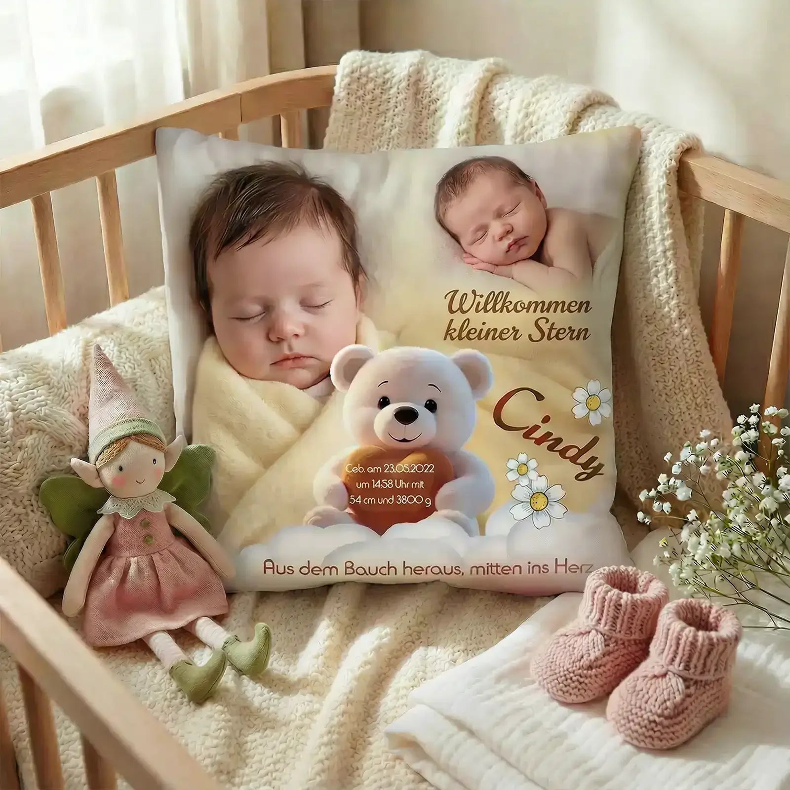 Geschenk zur Taufe und Geburt – personalisiertes Kissen mit Foto und Namen