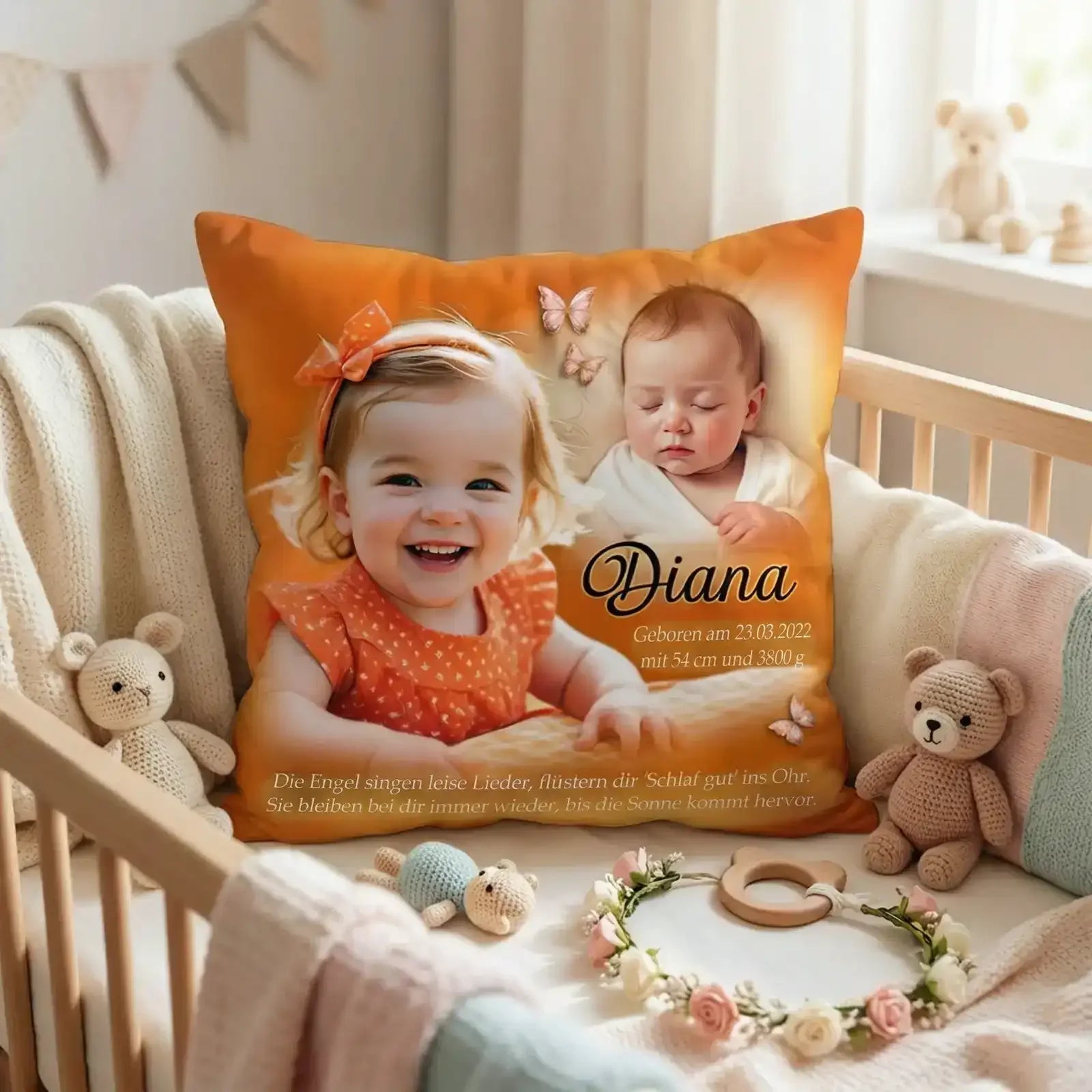 Herzliches Kissen als Geschenk zur Geburt und Taufe, personalisiert mit Foto und Name als besonderes Erinnerungsstück.