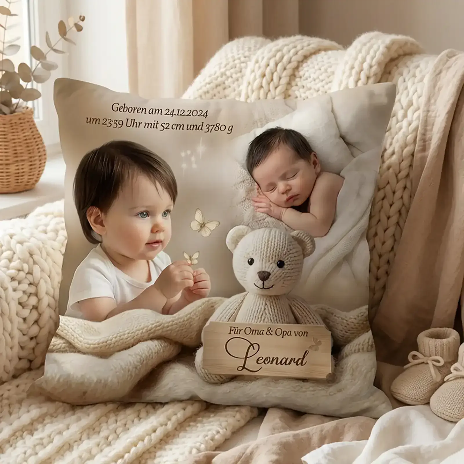 Personalisiertes Kissen zur Geburt und Taufe mit Foto und Name als liebevolles Taufgeschenk für einen besonderen Anlass.