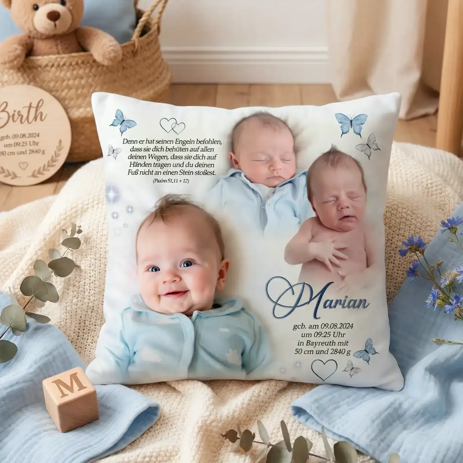 Schönes Geschenk zur Geburt und Taufe: Kissen personalisiert mit Foto und Name als besonderes Taufgeschenk.