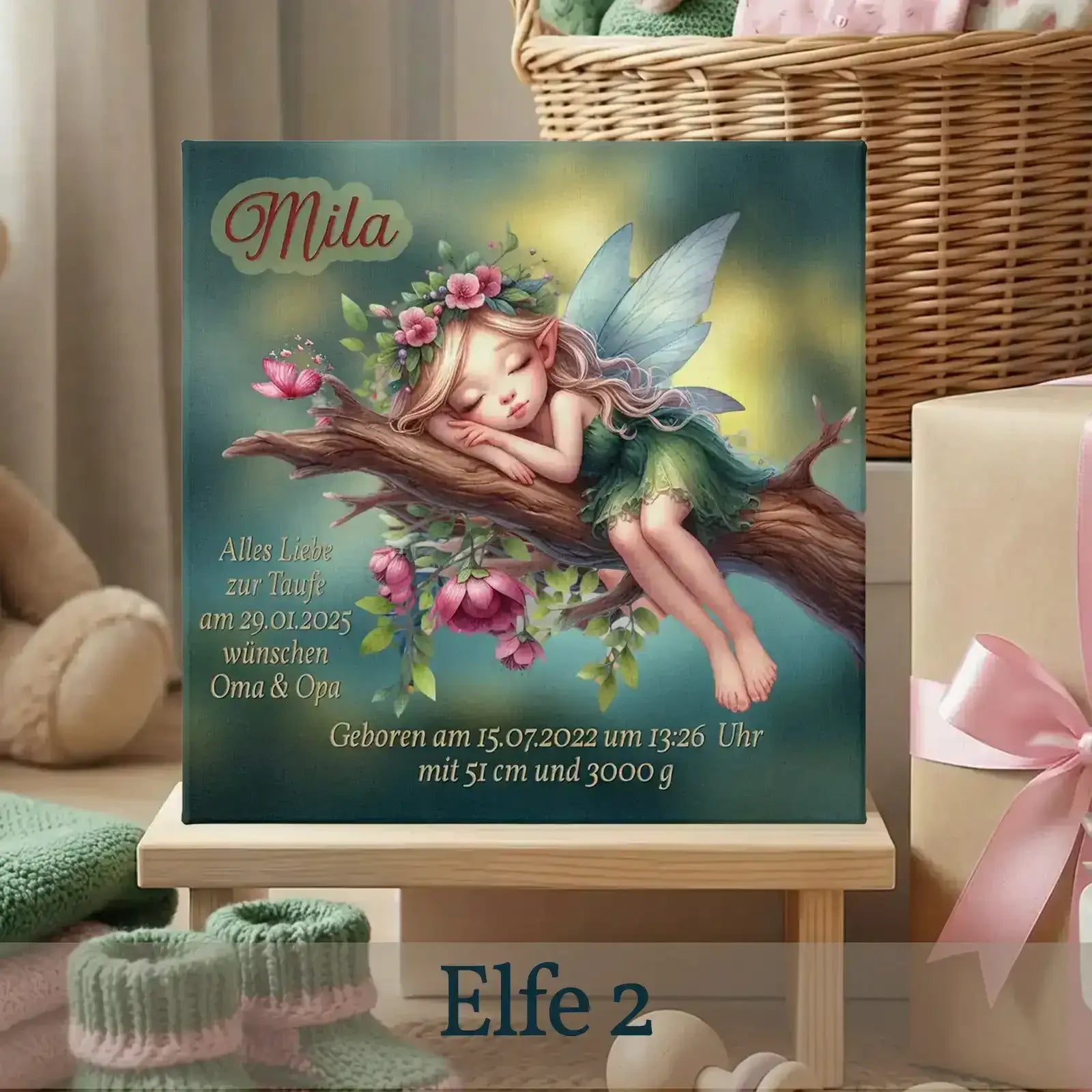 Ein besonderes Taufgeschenk als personalisierte Leinwand, liebevoll gestaltet als Geschenk zur Taufe und Geburt mit persönlichen Angaben