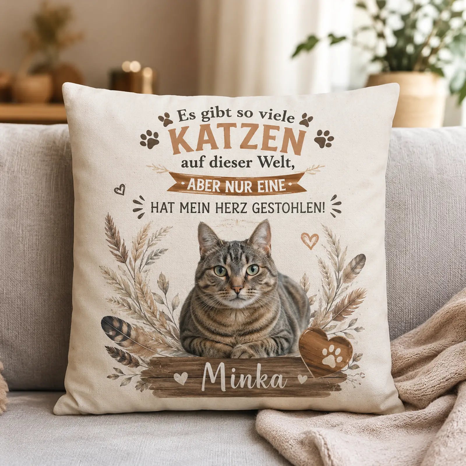 Personalisiertes Kissen mit Katze Minka und liebevollem Spruch als Geschenk für Tierfreunde