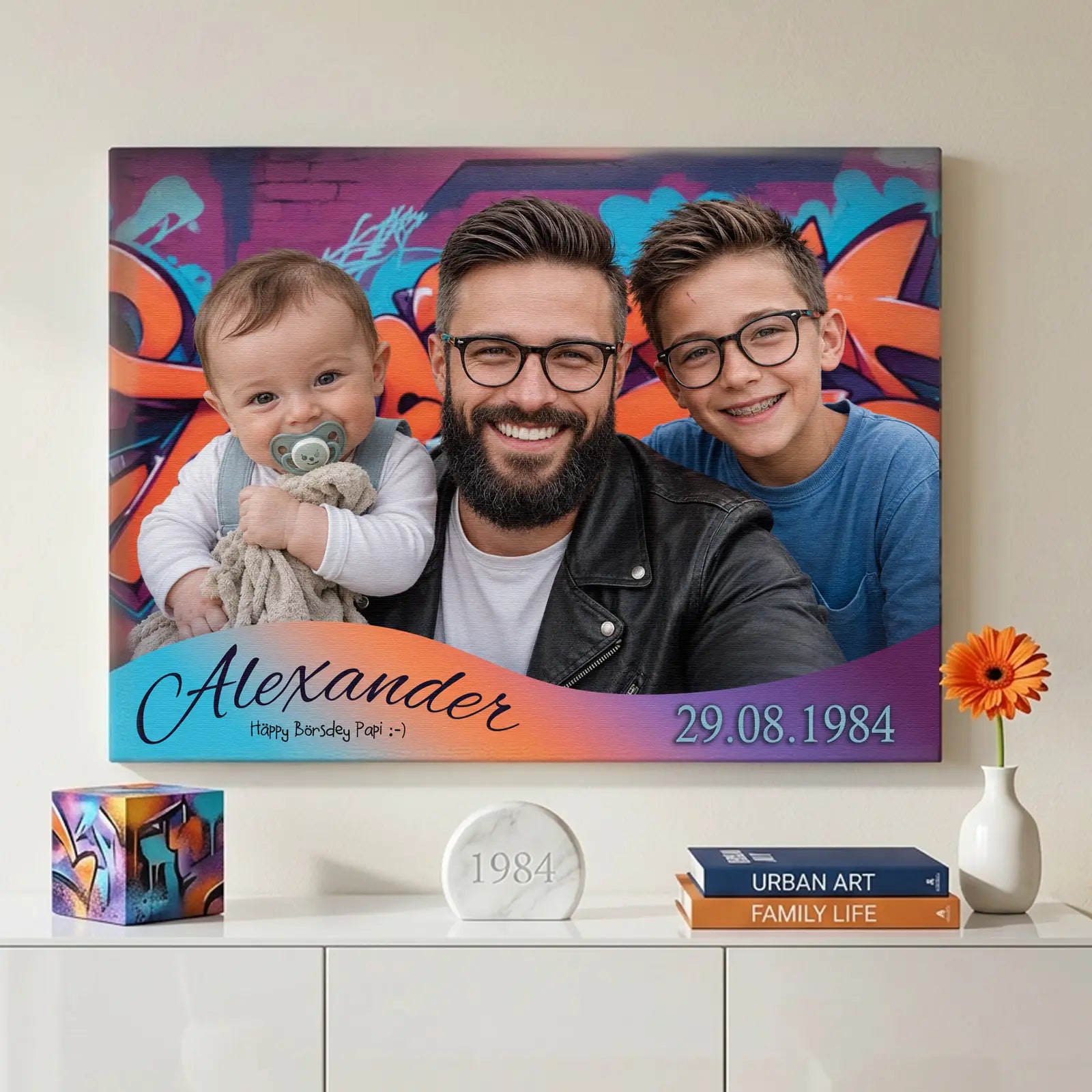 außergewöhnliches Leinwand-Geschenk mit Foto und Namen, personalisiert für Vatertag und als besonderes Familienmotiv gestaltet