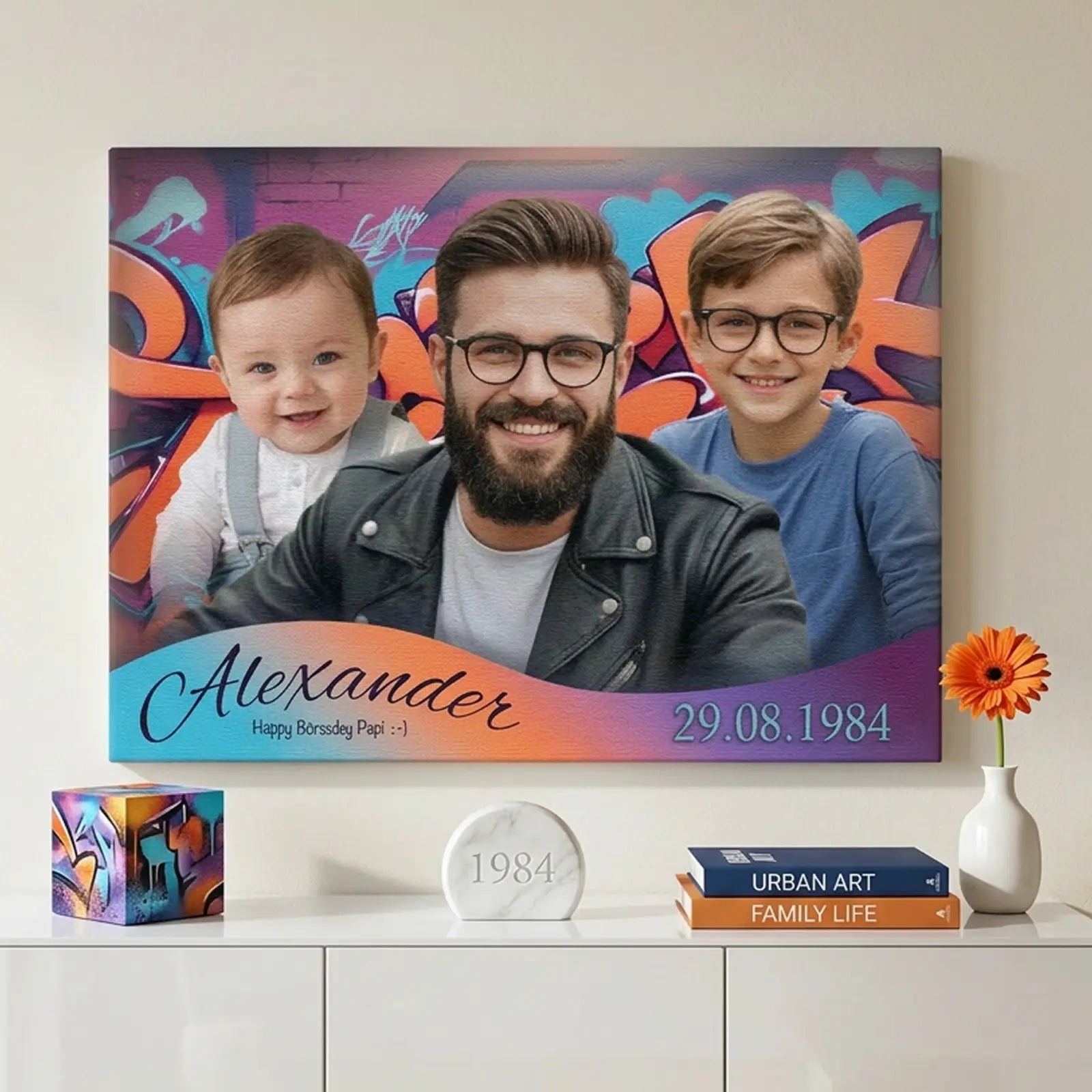 außergewöhnliches Leinwand-Geschenk mit Foto und Namen, personalisiert für Vatertag und als besonderes Familienmotiv gestaltet