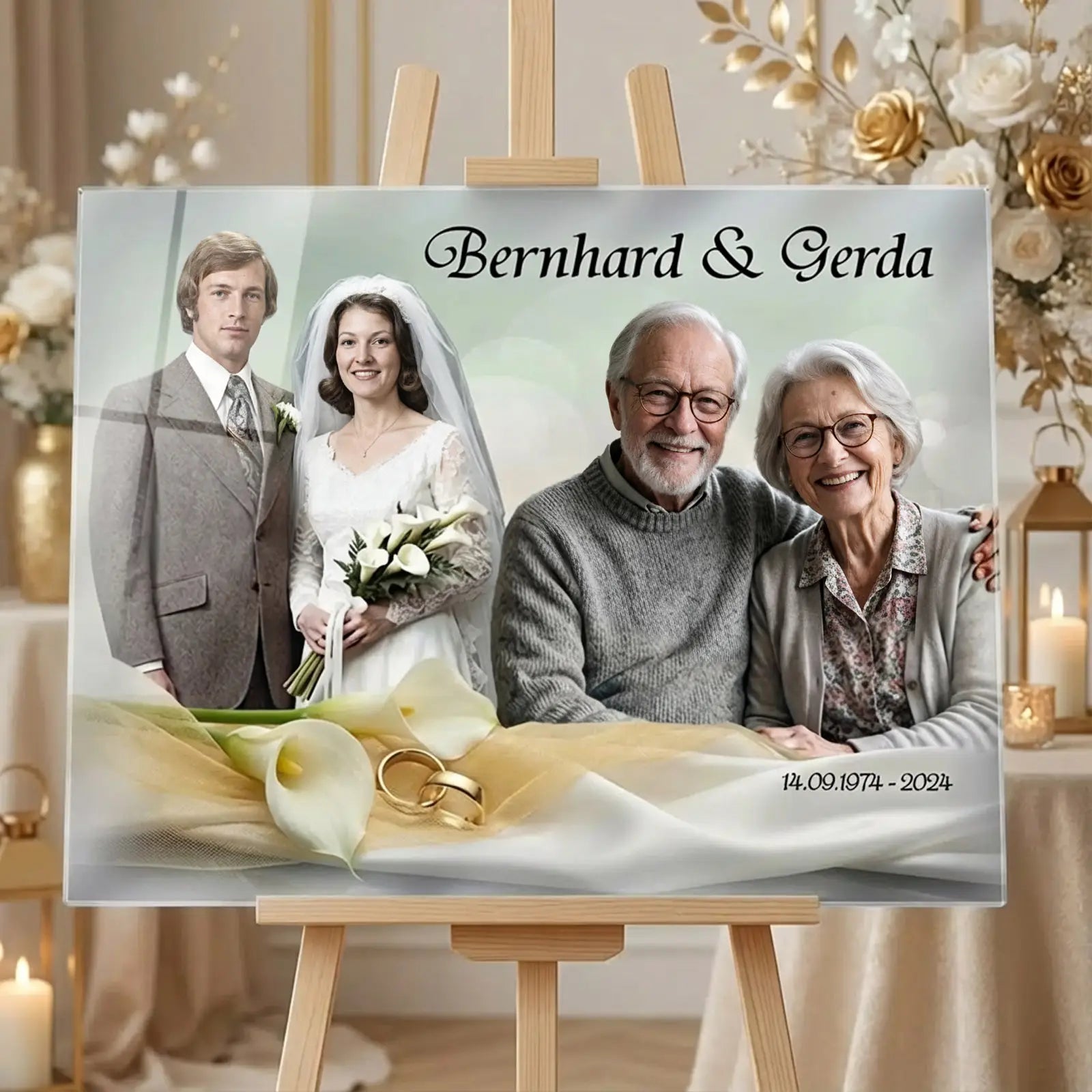 Geschenk zur Goldenen Hochzeit - personalisiertes Acrylglasbild mit Foto zum 50. Hochzeitstag von Bernhard und Gerda.