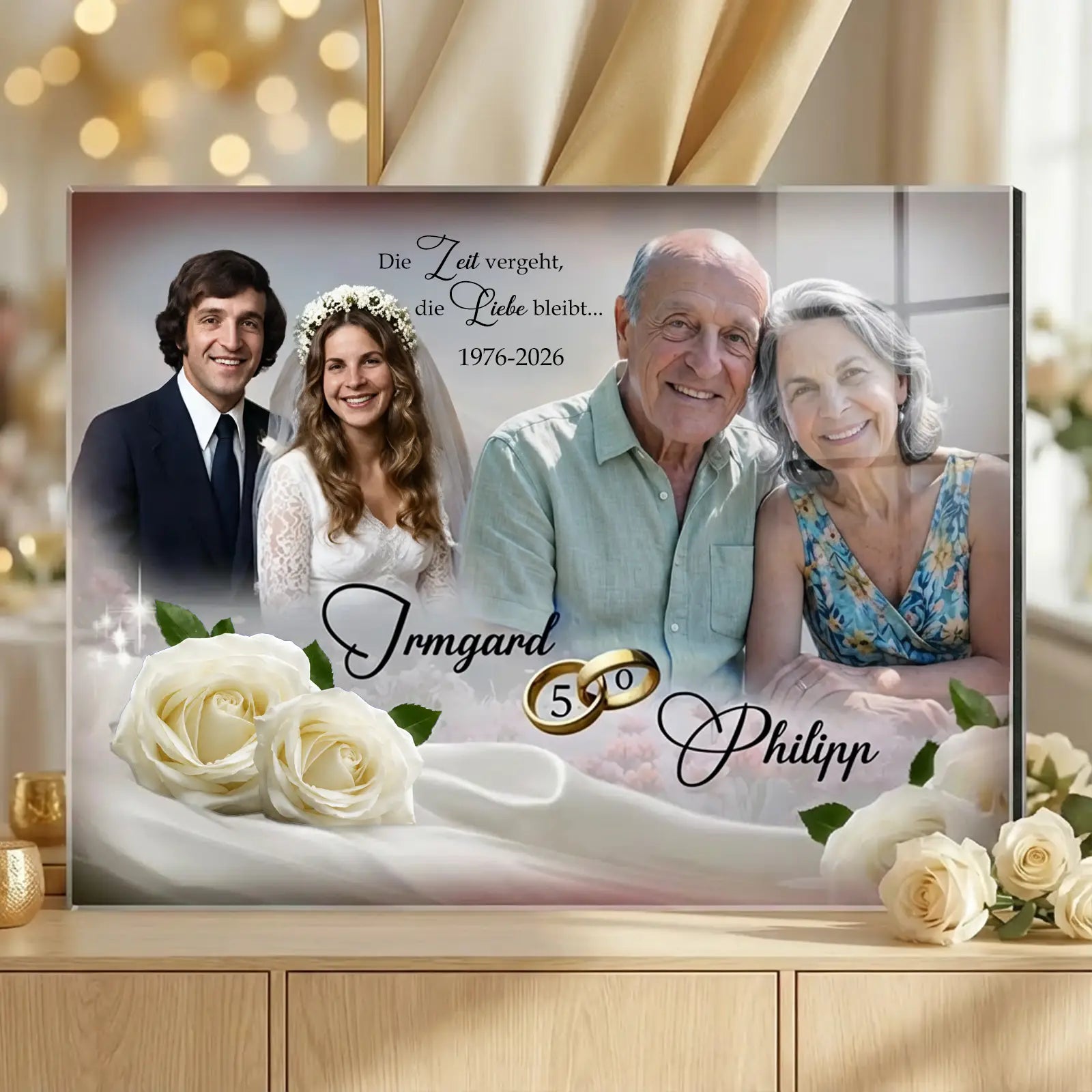 Geschenk zur Goldenen Hochzeit – personalisiertes Acrylglasbild mit Foto zum 50. Hochzeitstag von Irmgard und Philipp, 50 Jahre Ehe.
