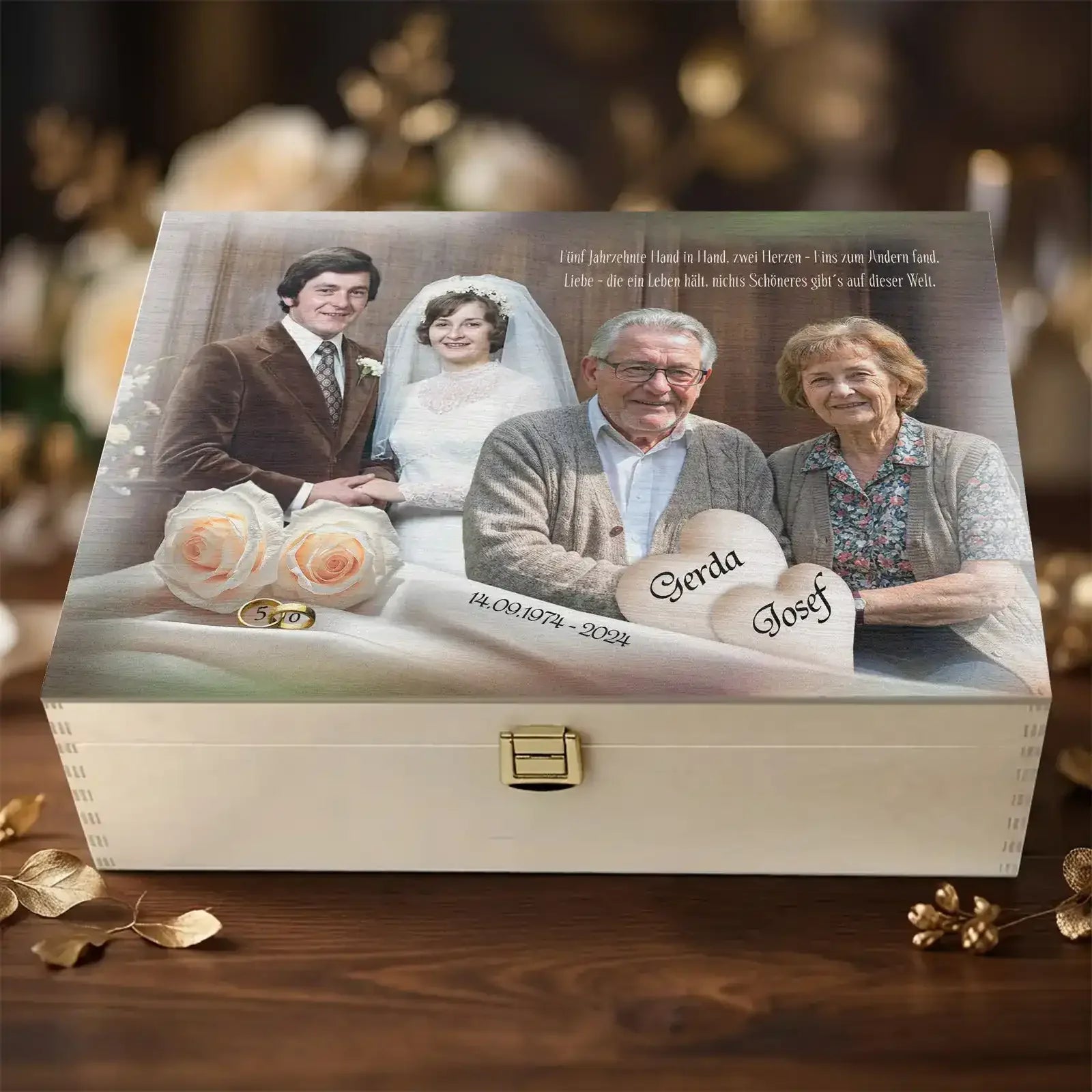 Geschenk zur Goldenen Hochzeit - personalisierte Holzbox mit Foto und Namen für 50 Jahre Ehe. Einzigartig und persönlich zum 50. Hochzeitstag.