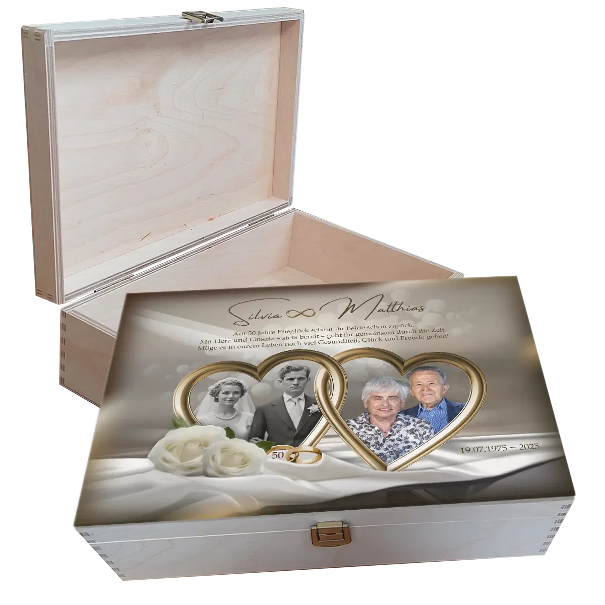 Einzigartige Holzbox zur Goldenen Hochzeit personalisiert mit zwei Bildern die den gemeinsamen Lebensweg zeigen. Dieses Geschenk zum 50 Hochzeitstag ist ein Ort an dem Erinnerungen an Liebe Familie und bedeutsame Momente aufbewahrt werden können und ein Symbol für die Stärke und Dauer einer fünfzigjährigen Partnerschaft.