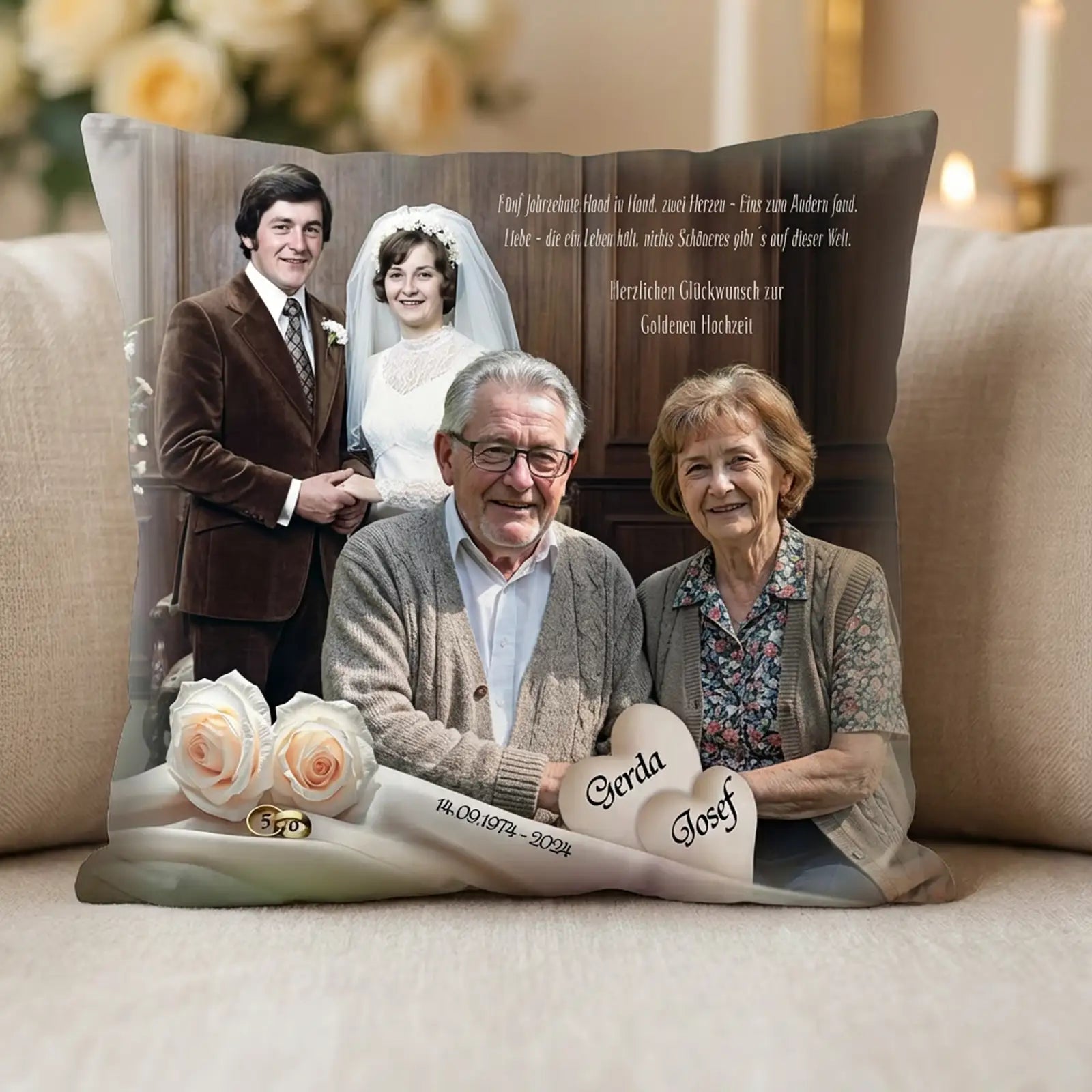 Geschenk zur Goldenen Hochzeit für Josef und Gerda. Kissen mit Foto, Namen und Widmung. Außergewöhnlich und romantisch zum 50. Hochzeitstag.