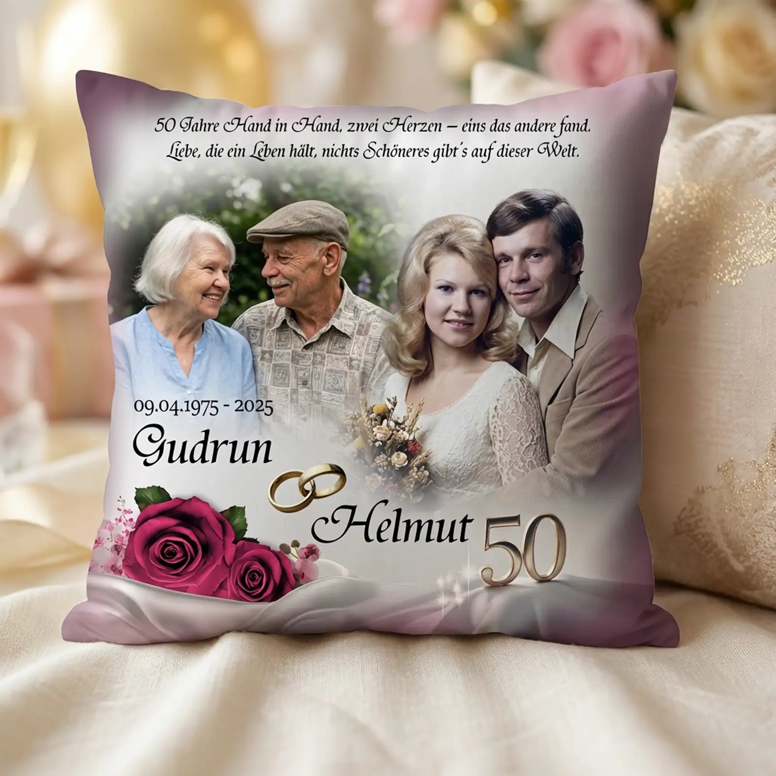 Geschenk zur Goldenen Hochzeit für Gurdrun und Helmut. Kissen mit Foto, Namen und Widmung. Persönlich und individuell zum 50. Hochzeitstag.