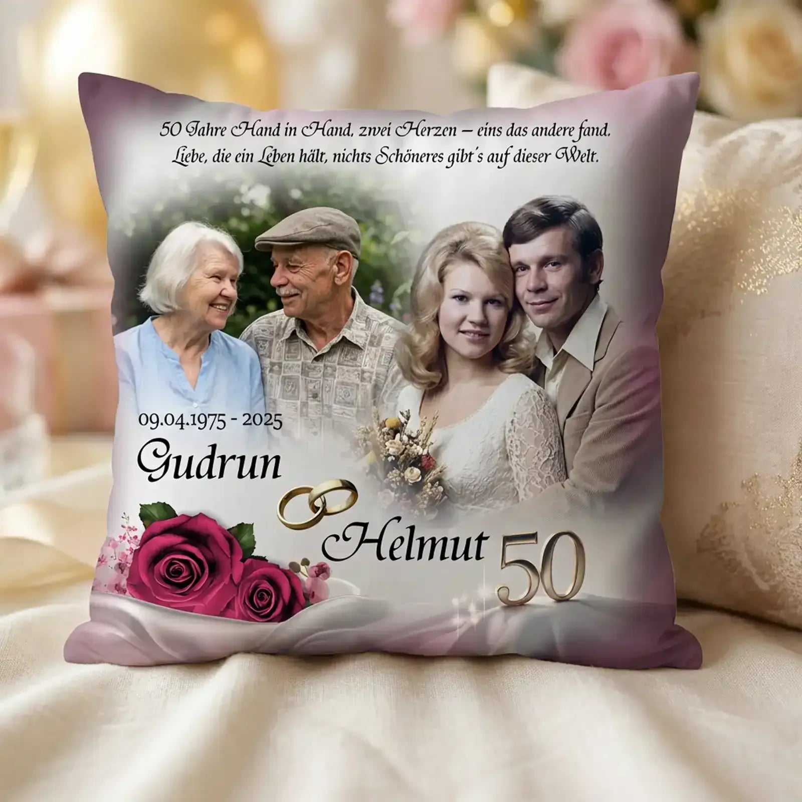 Geschenk zur Goldenen Hochzeit für Gurdrun und Helmut. Kissen mit Foto, Namen und Widmung. Persönlich und individuell zum 50. Hochzeitstag.