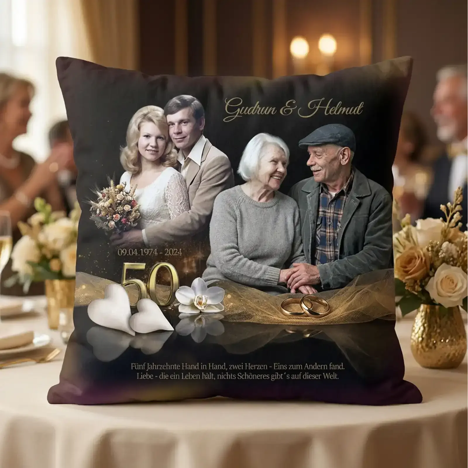 Geschenk zur Goldenen Hochzeit für Gudrun und Helmut. Kissen mit Foto, Namen und Widmung. Edel und einzigartig zum 50. Hochzeitstag.
