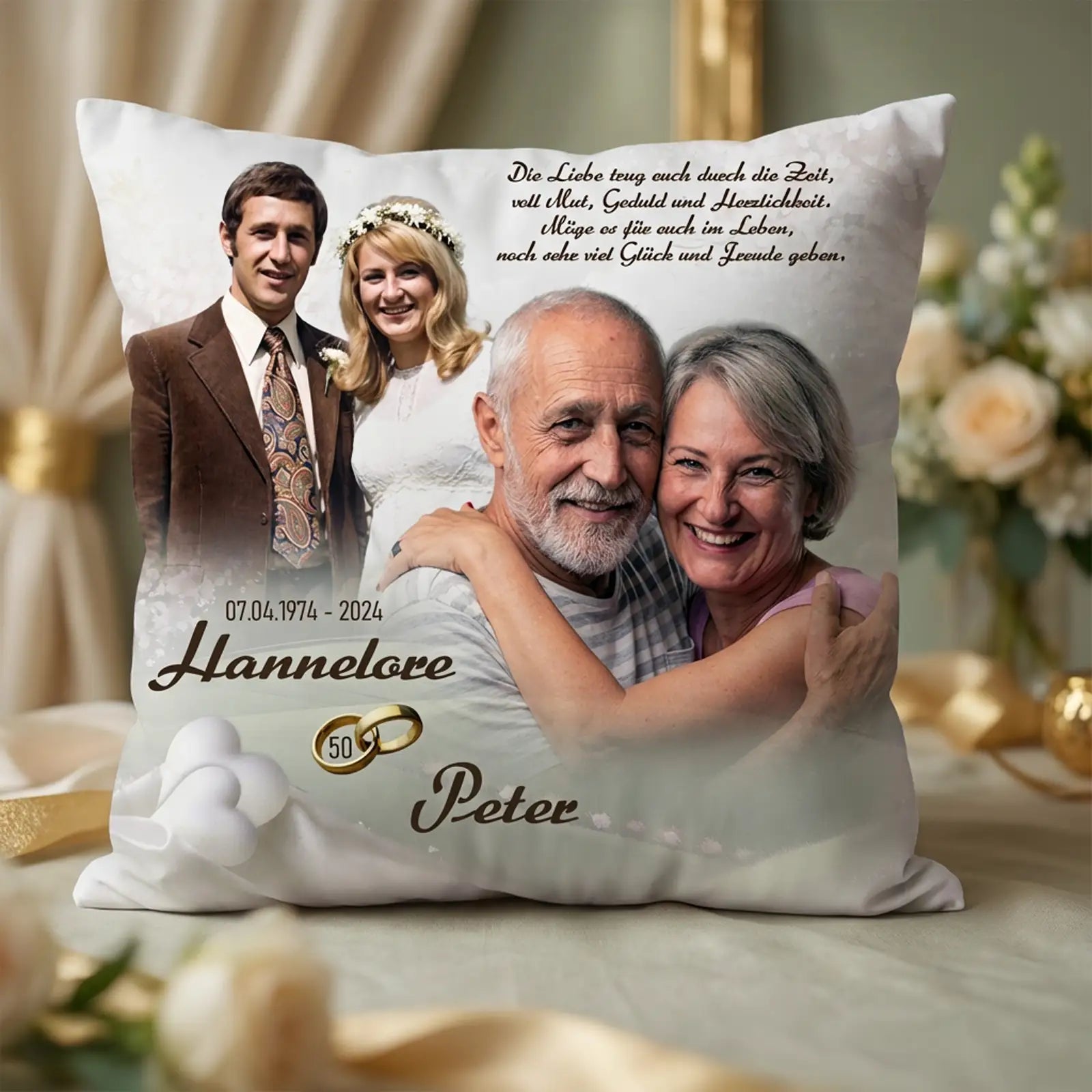 Geschenk zur Goldenen Hochzeit für Hannelore und Peter. Kissen mit Foto, Namen und Widmung. Bezaubernd und originell zum 50. Hochzeitstag.