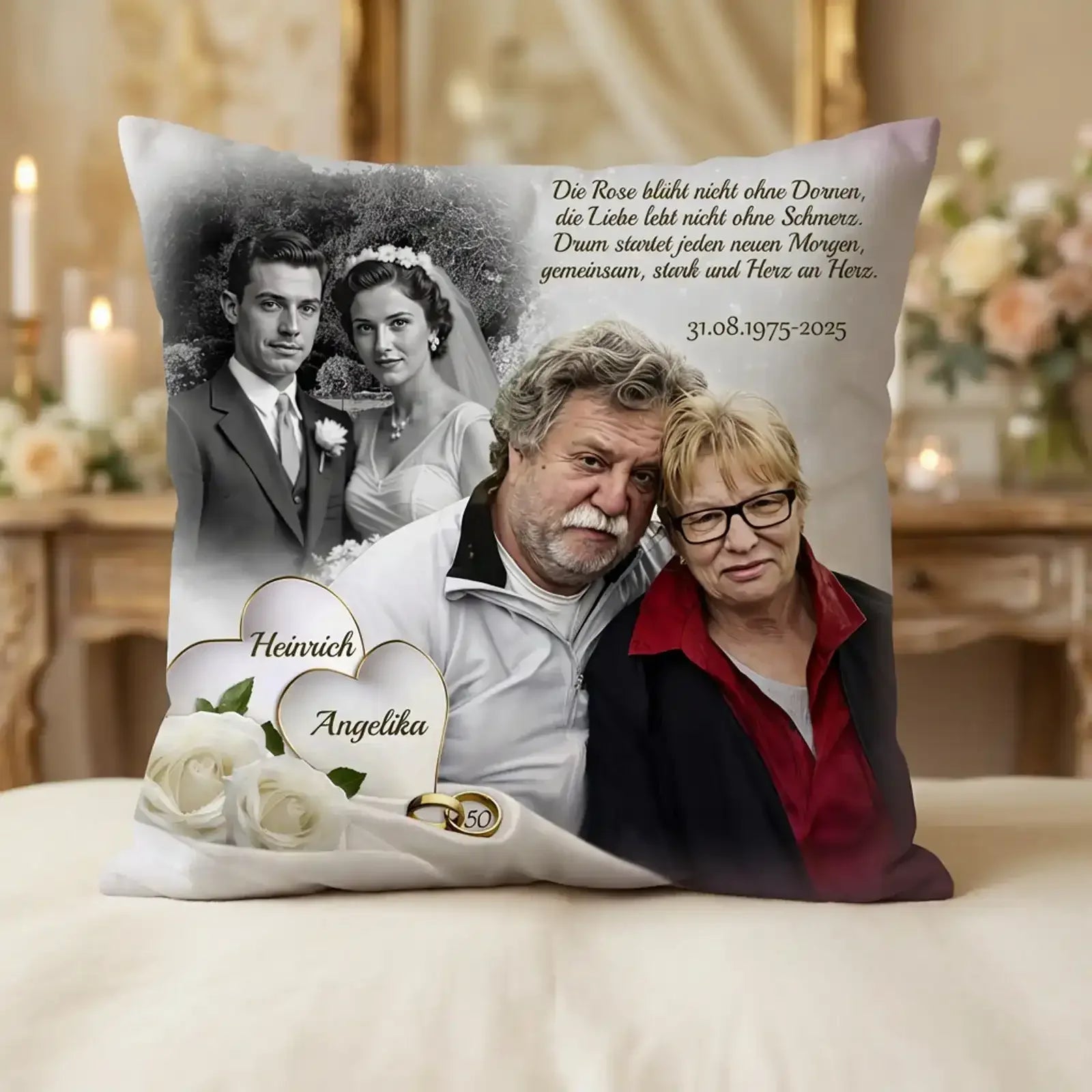 Geschenk zur Goldenen Hochzeit für Heinrich und Angelika. Kissen mit Fotos von damals und heute, Namen und Widmung. Romantisch und einzigartig zum 50. Hochzeitstag.
