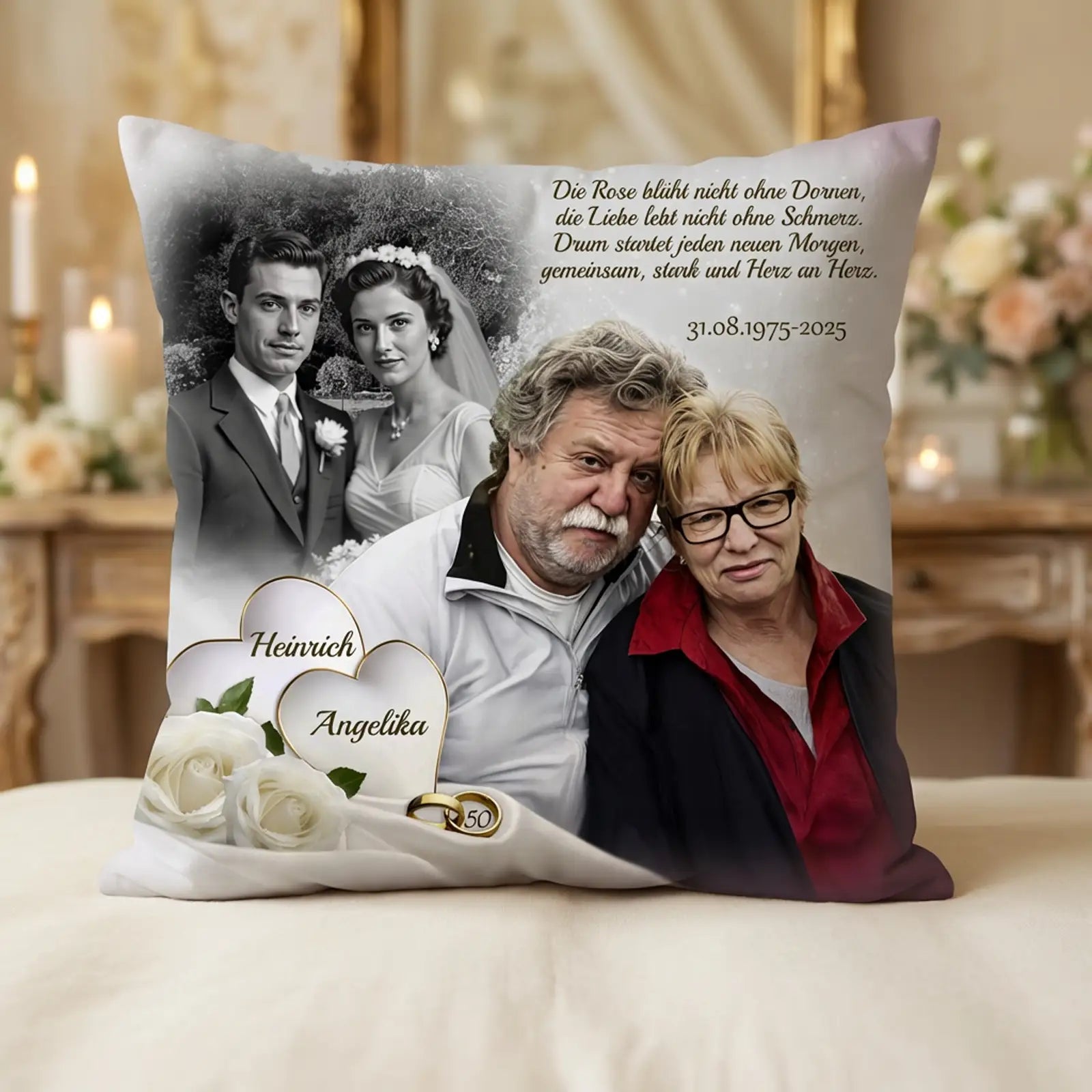 Geschenk zur Goldenen Hochzeit für Heinrich und Angelika. Kissen mit Fotos von damals und heute, Namen und Widmung. Romantisch und einzigartig zum 50. Hochzeitstag.