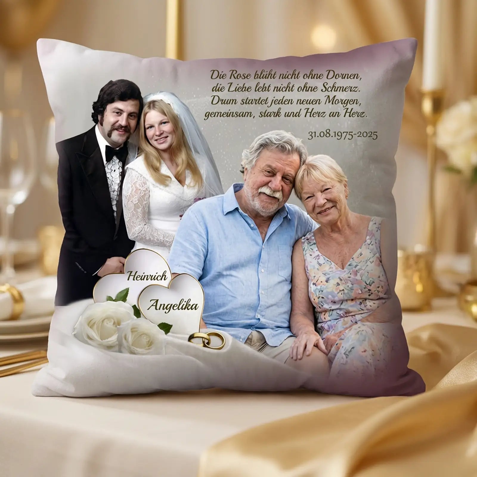 Geschenk zur Goldenen Hochzeit für Angelika und Heinrich. Kissen mit Foto, Namen und Widmung. Romantisch und persönlich zum 50. Hochzeitstag.