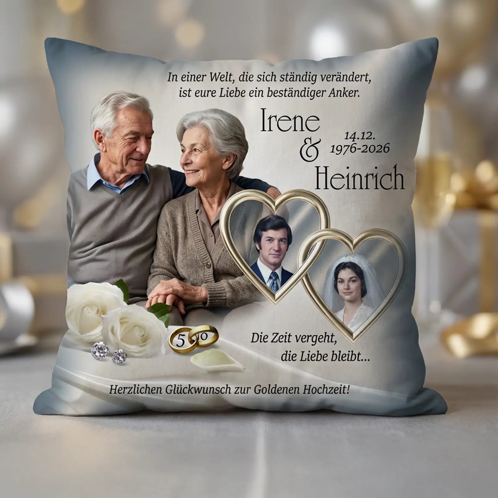 Geschenk zur Goldenen Hochzeit für Irene und Heinrich. Kissen mit Foto, Namen und Widmung. Außergewöhnlich und originell zum 50. Hochzeitstag.