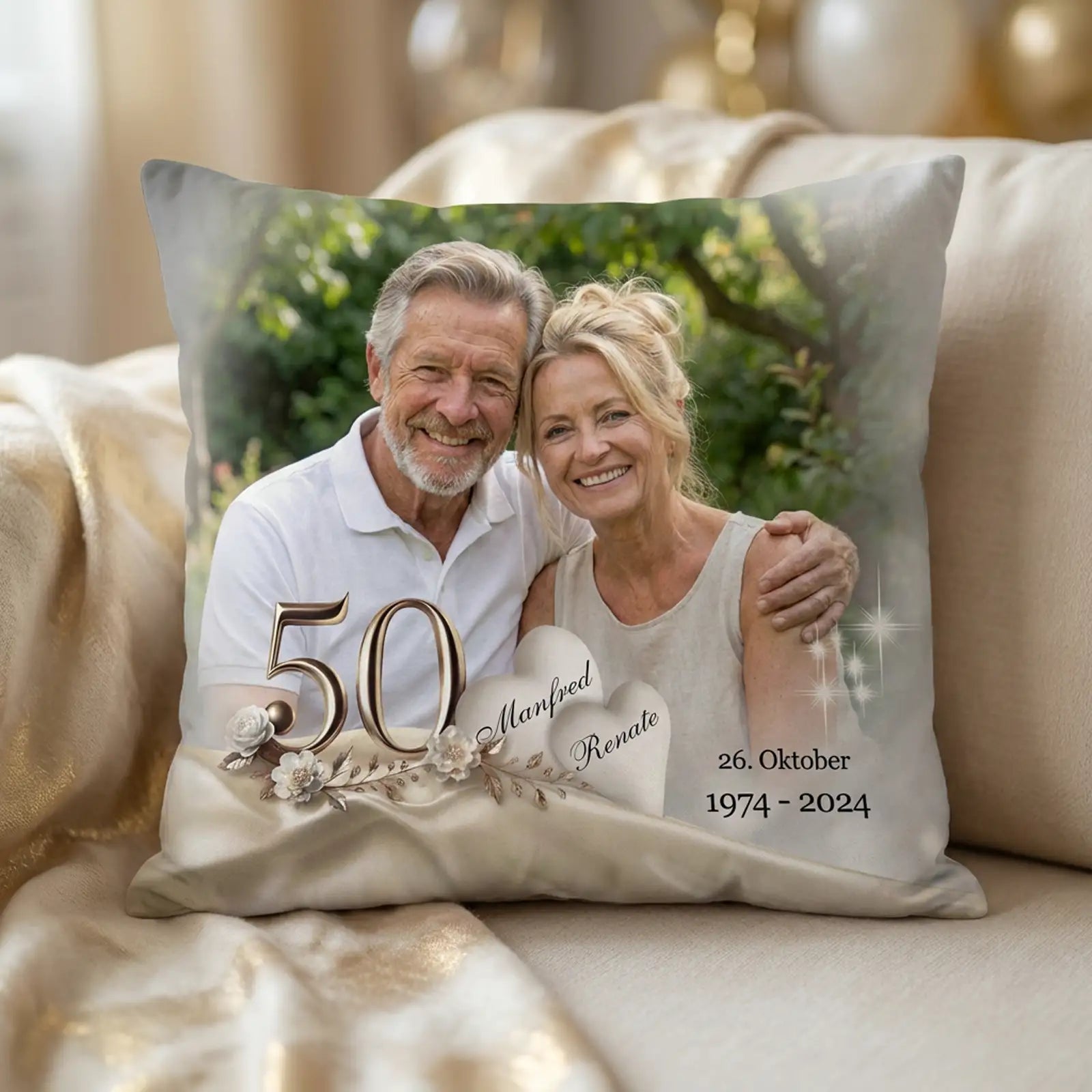 Geschenk zur Goldenen Hochzeit für Manfred und Renate. Kissen mit Foto, Namen und Widmung. Präsent zum 50. Hochzeitstag.