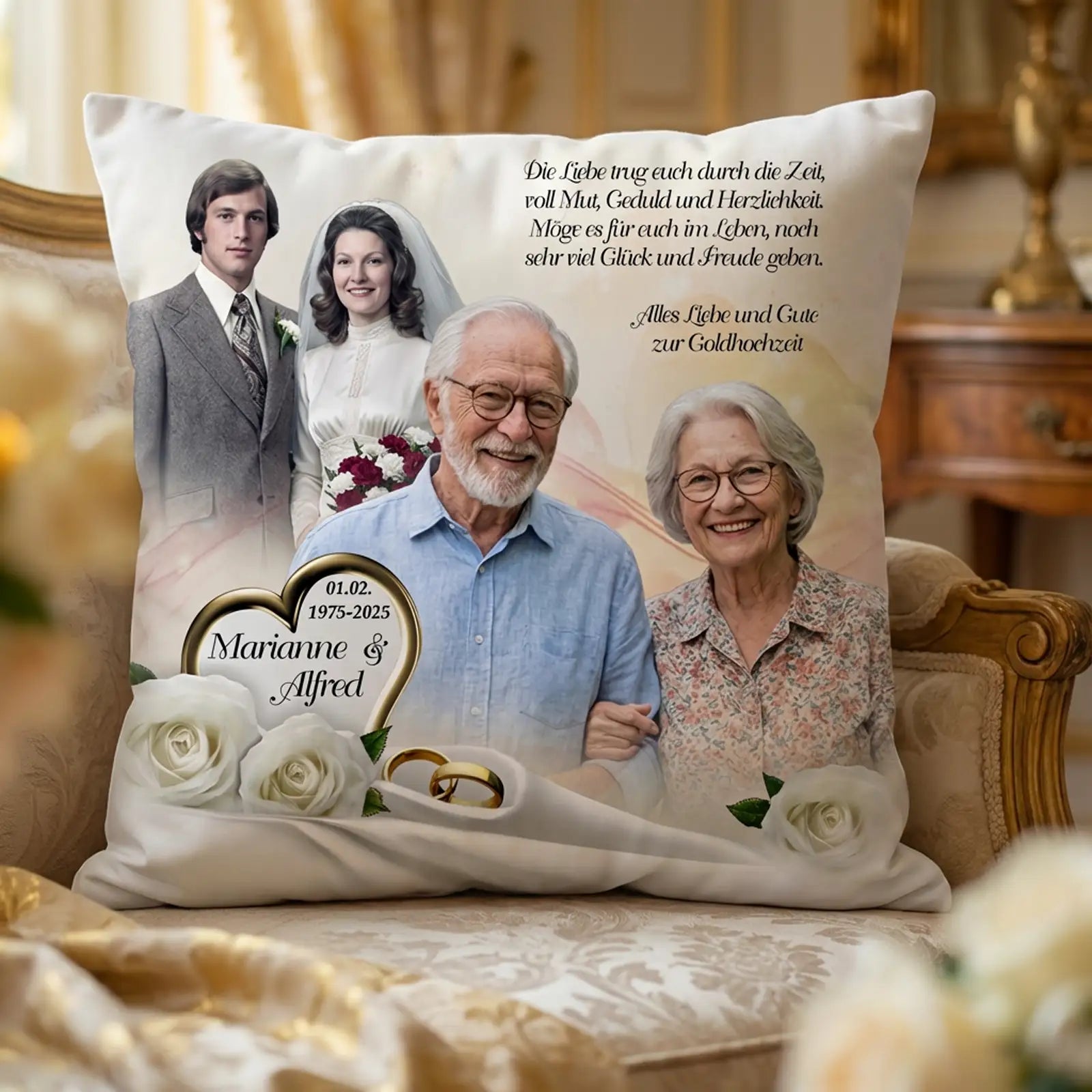 Geschenk zur Goldenen Hochzeit für Marianne und Alfred. Kissen mit Foto, Namen und Widmung. Exklusives Premiumgeschenk zum 50. Hochzeitstag.