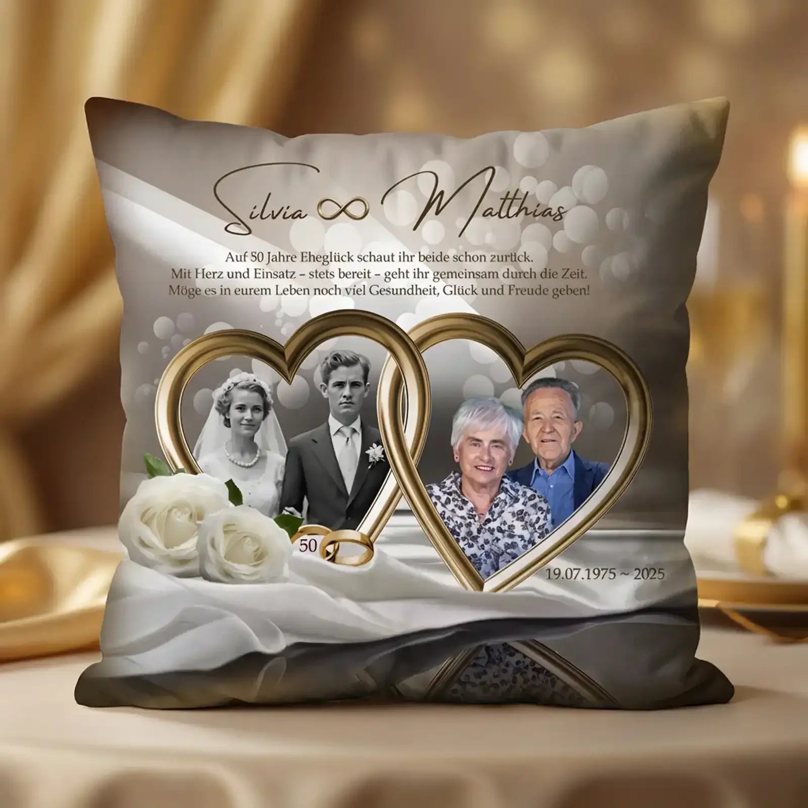 Geschenk zur Goldenen Hochzeit für Silvia und Matthias. Kissen mit Foto, Namen und Widmung. Romantisch und originell zum 50. Hochzeitstag.