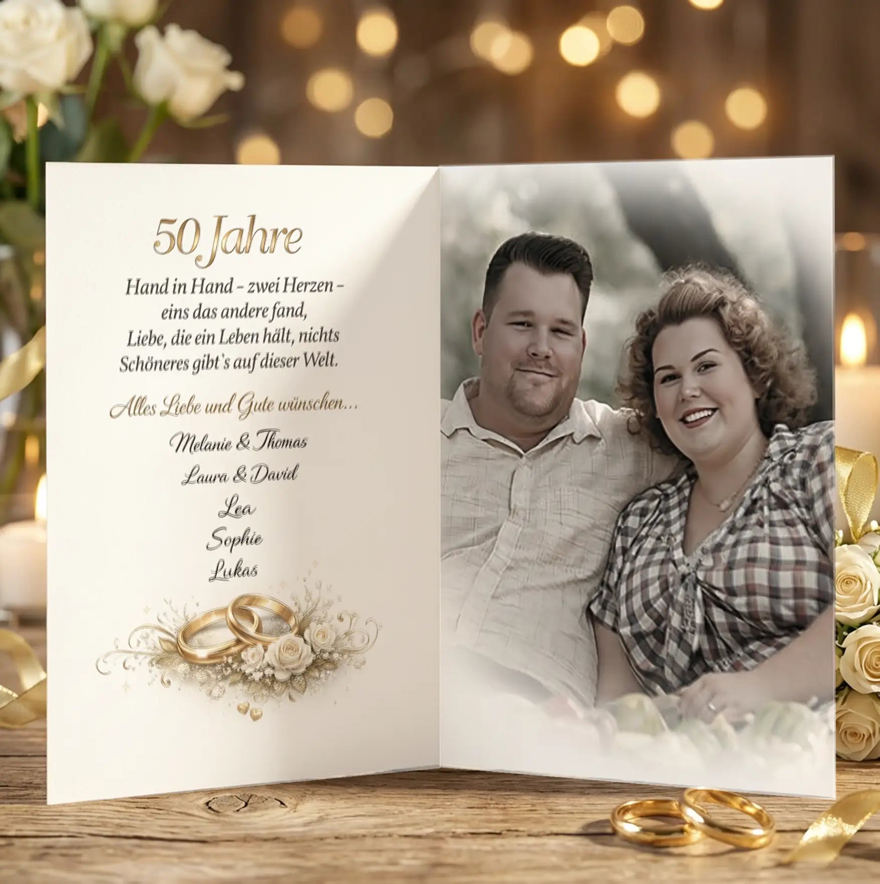 Geschenk zur Goldenen Hochzeit – Glückwunschkarte mit 50 Jahren Ehe und Hochzeitsringen.