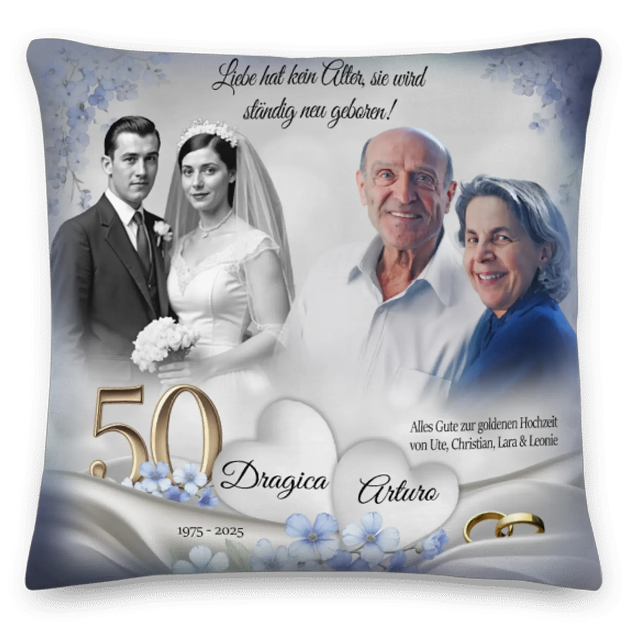 Personalisierte Kissen Goldene Hochzeit, Paar als Brautpaar und älteres Ehepaar, 50 Jahre, 1975-2025, Blumen, Ringe