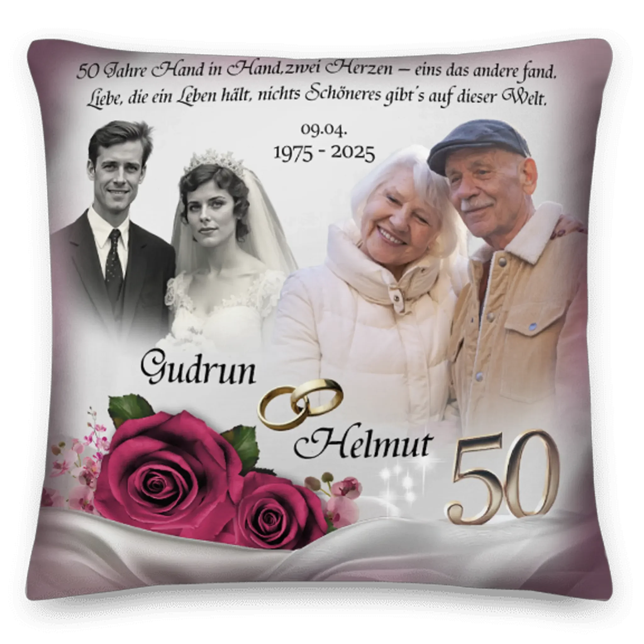 Goldhochzeit Kissen mit Paar in jungen und alten Jahren, roten Rosen und goldenen Ringen, 50 Jahre Jubiläum