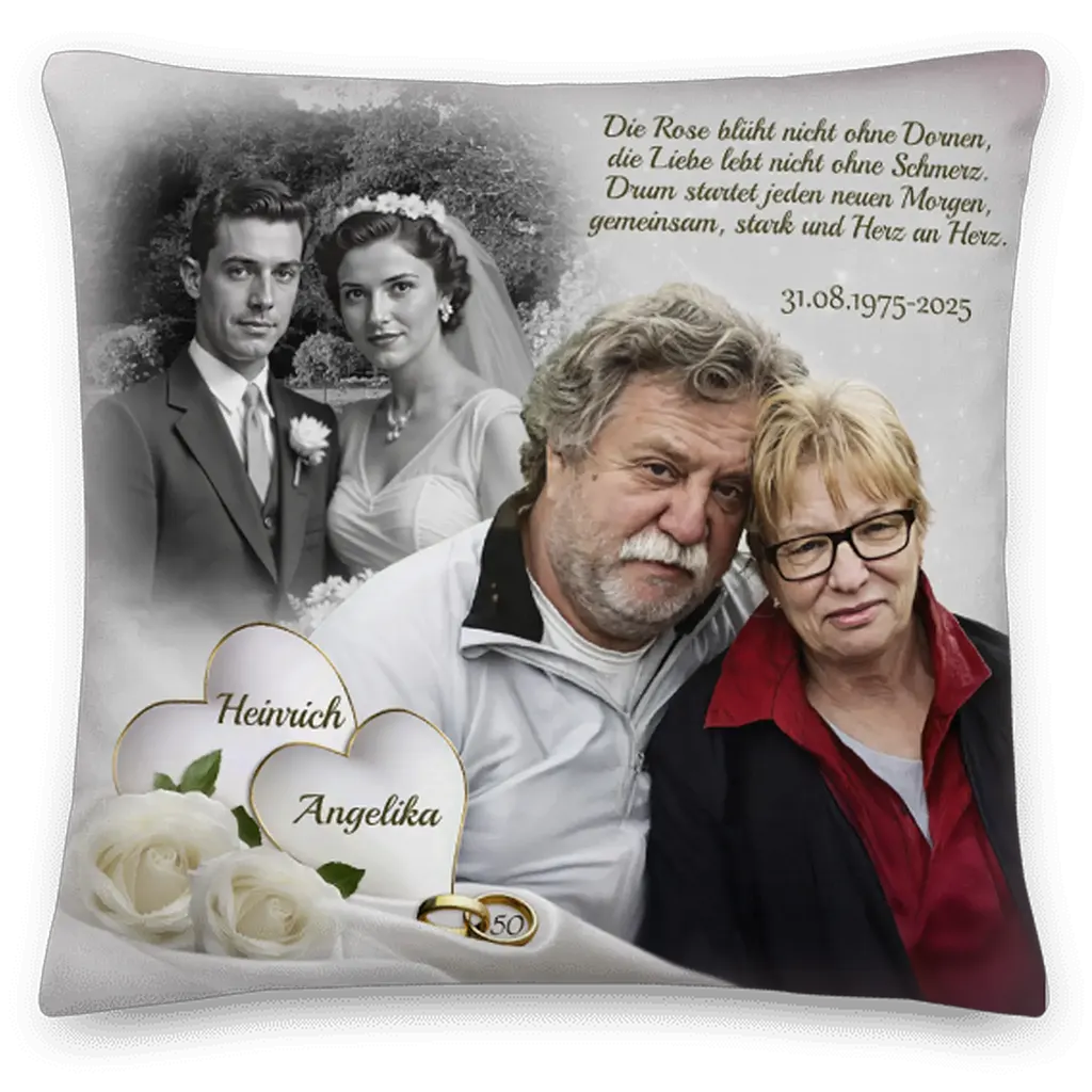 Personalisierte Goldhochzeit Kissen mit Foto von Ehepaar, Hochzeitsbild, Ringen und Rosen