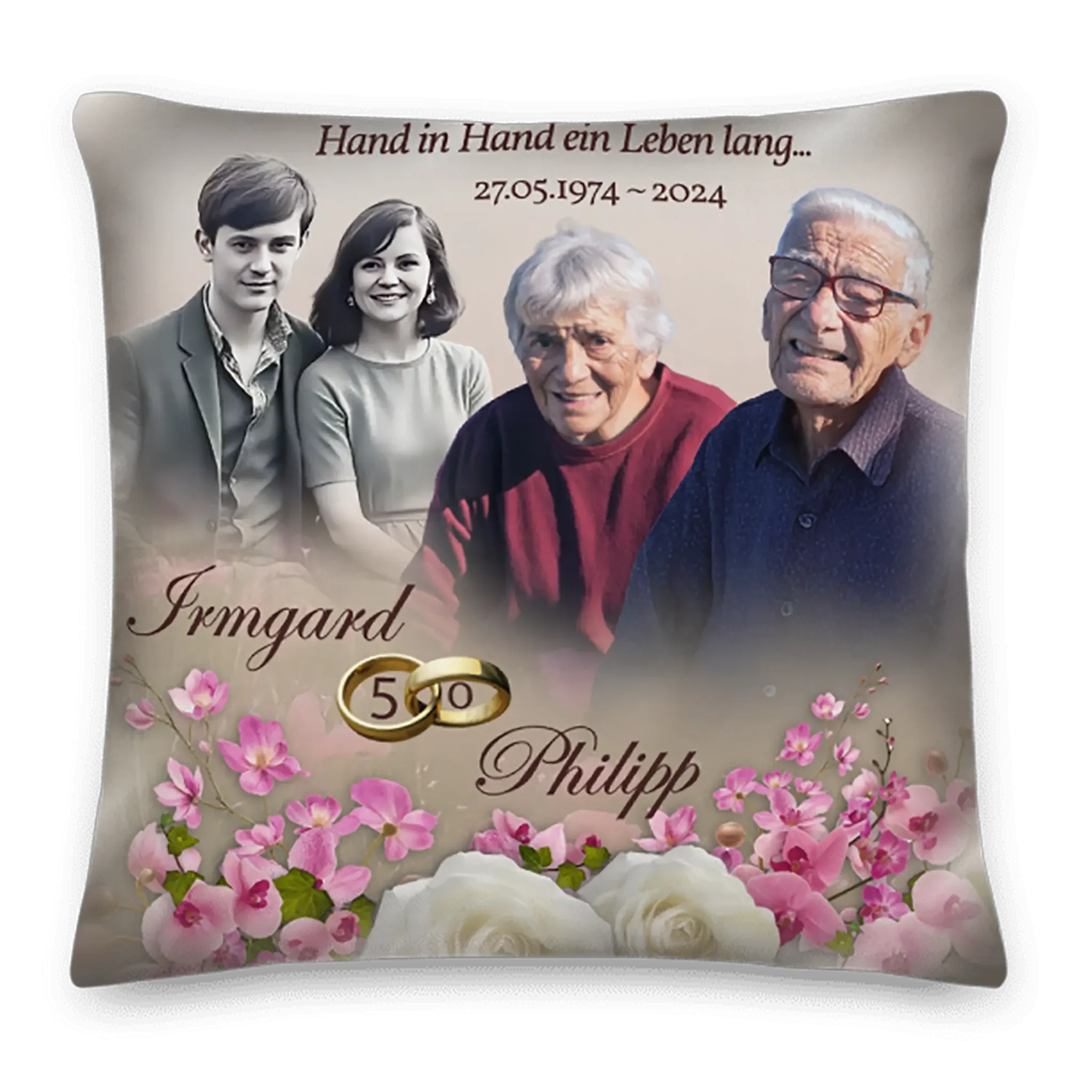 Personalisiertes Kissen Goldhochzeit Irmgard Philipp mit Fotos, Blumen und goldenen Ringen