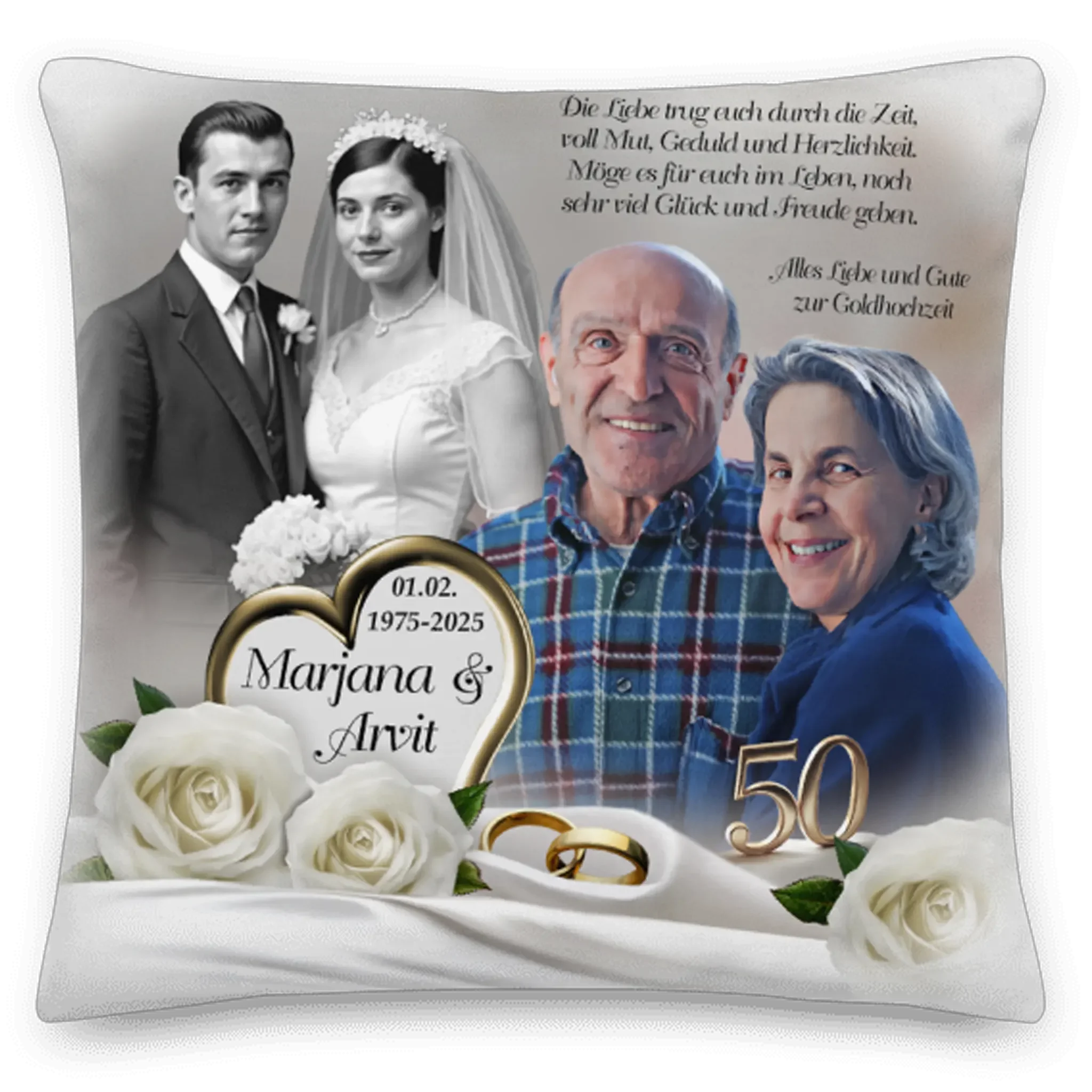 Personalisierte Goldhochzeit Kissen mit Fotos von Ehepaar, weißen Rosen und Eheringen, 50 Jahre Jubiläum