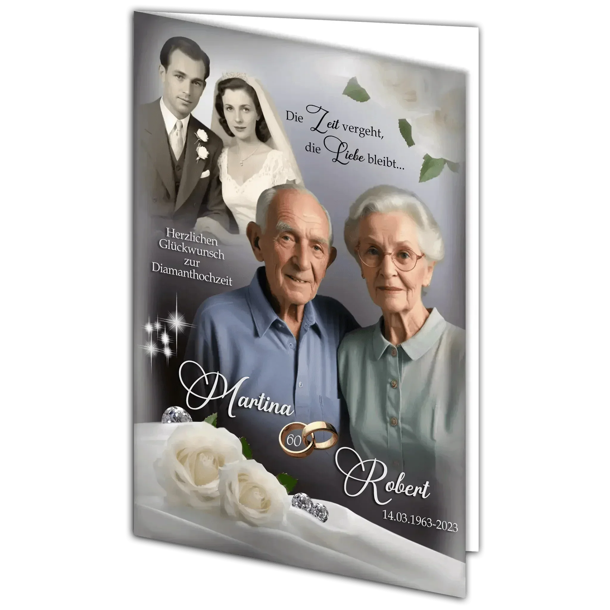 Grusskarte Diamanthochzeit mit älterem Ehepaar, Hochzeitsfoto, weißen Rosen und goldenen Ringen.