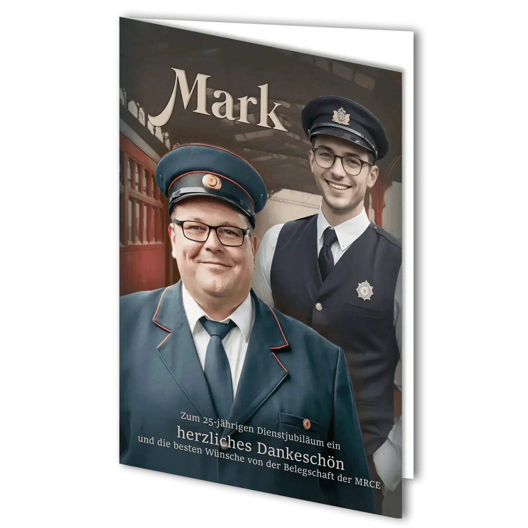 Grußkarte Dienstjubiläum mit zwei Bahnmitarbeitern in Uniform, Aufschrift Dankeschön.