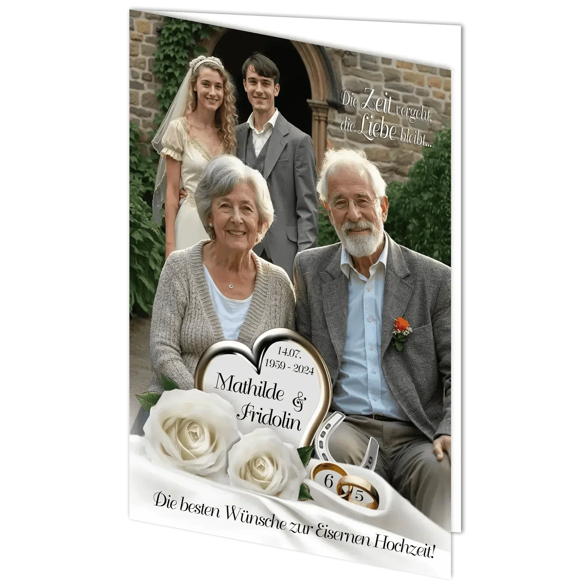 Glückwunschkarte Eiserne Hochzeit mit älterem Paar, goldenen Ringen und weißen Rosen