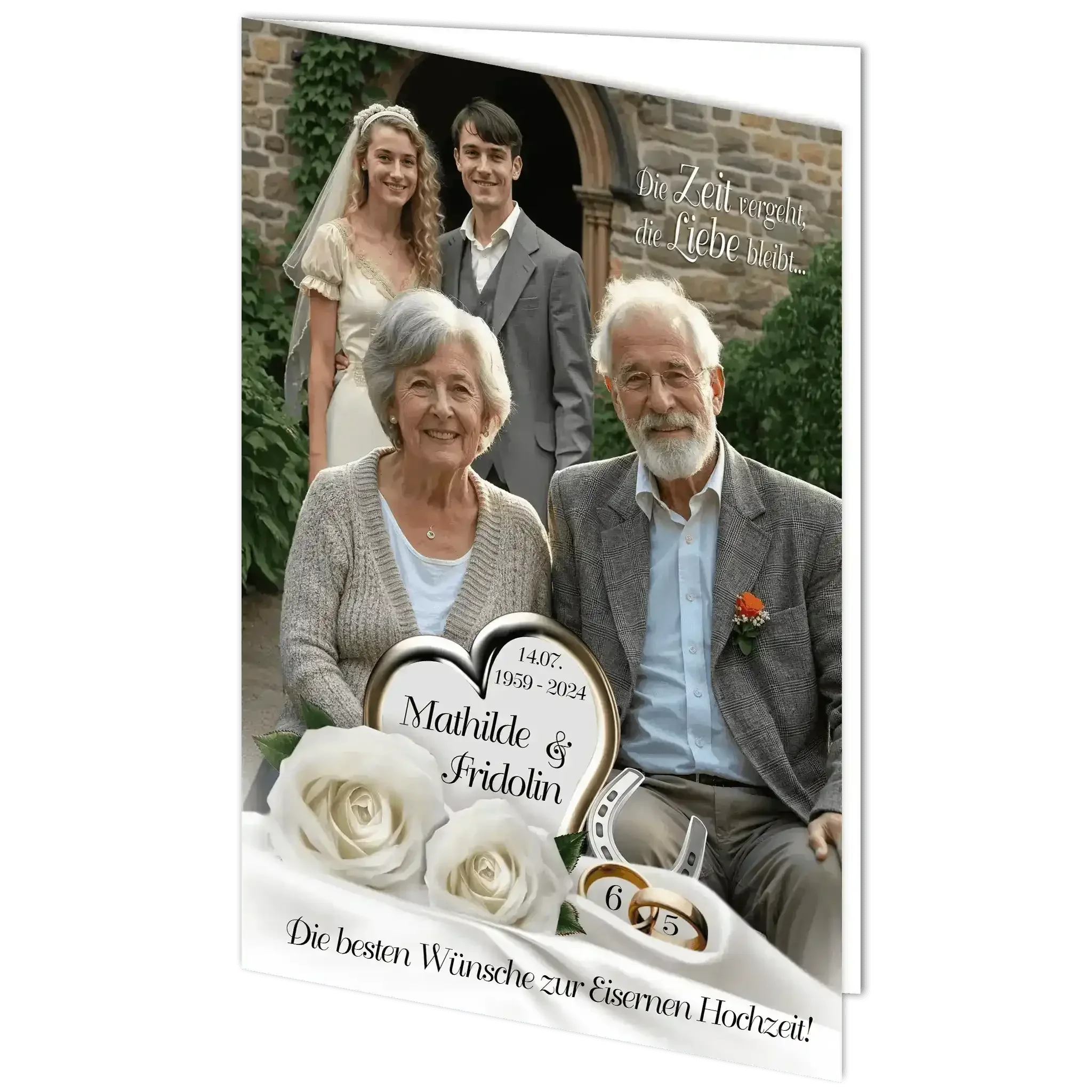 Geschenk-Glückwunschkarte Eiserne Hochzeit mit älterem Paar, goldenen Ringen und weißen Rosen
